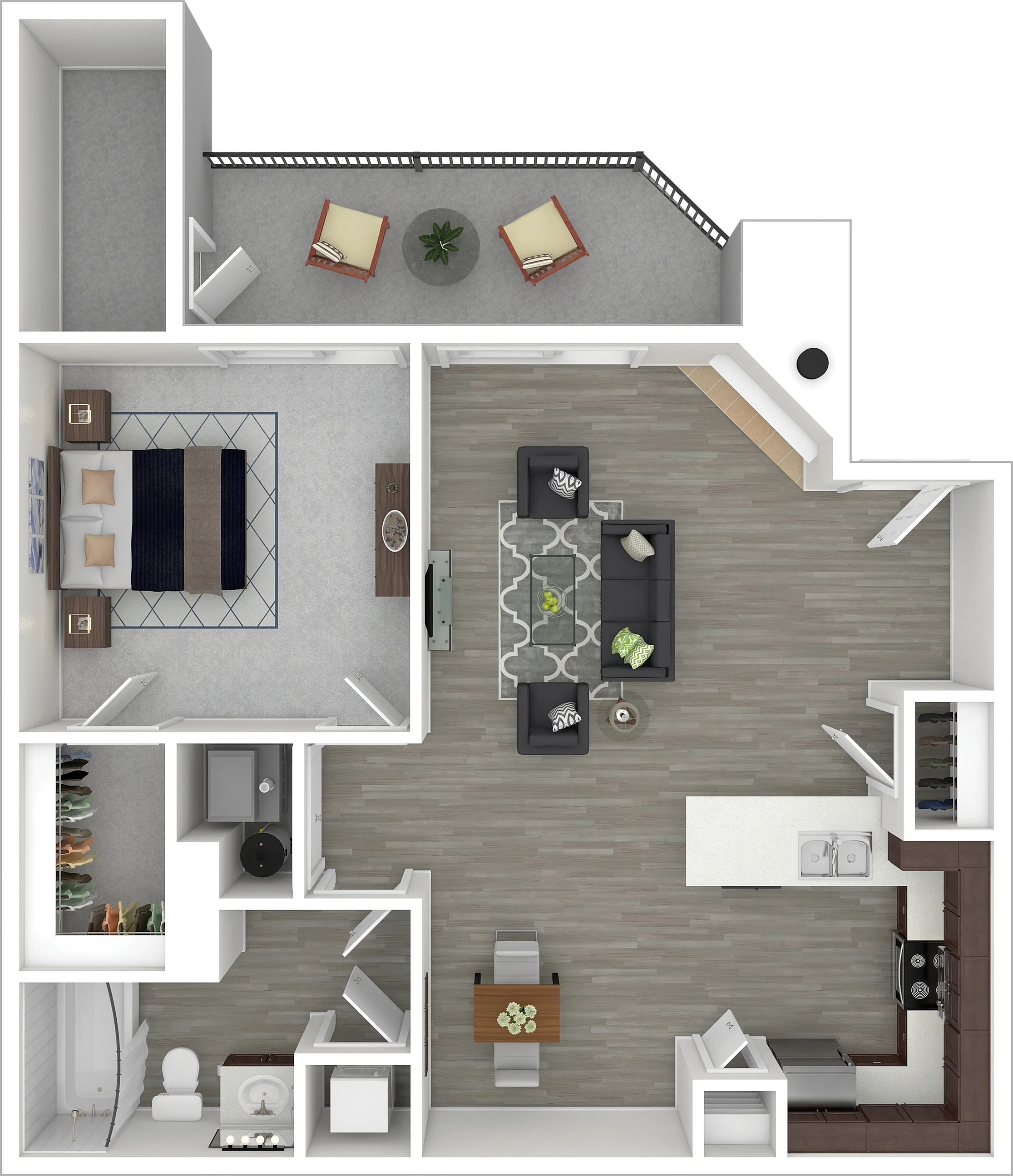 Modern 2D apartment floor plan featuring one spacious bedroom, open-concept living and dining area, sleek kitchen, cozy balcony, and well-appointed bathroom.
