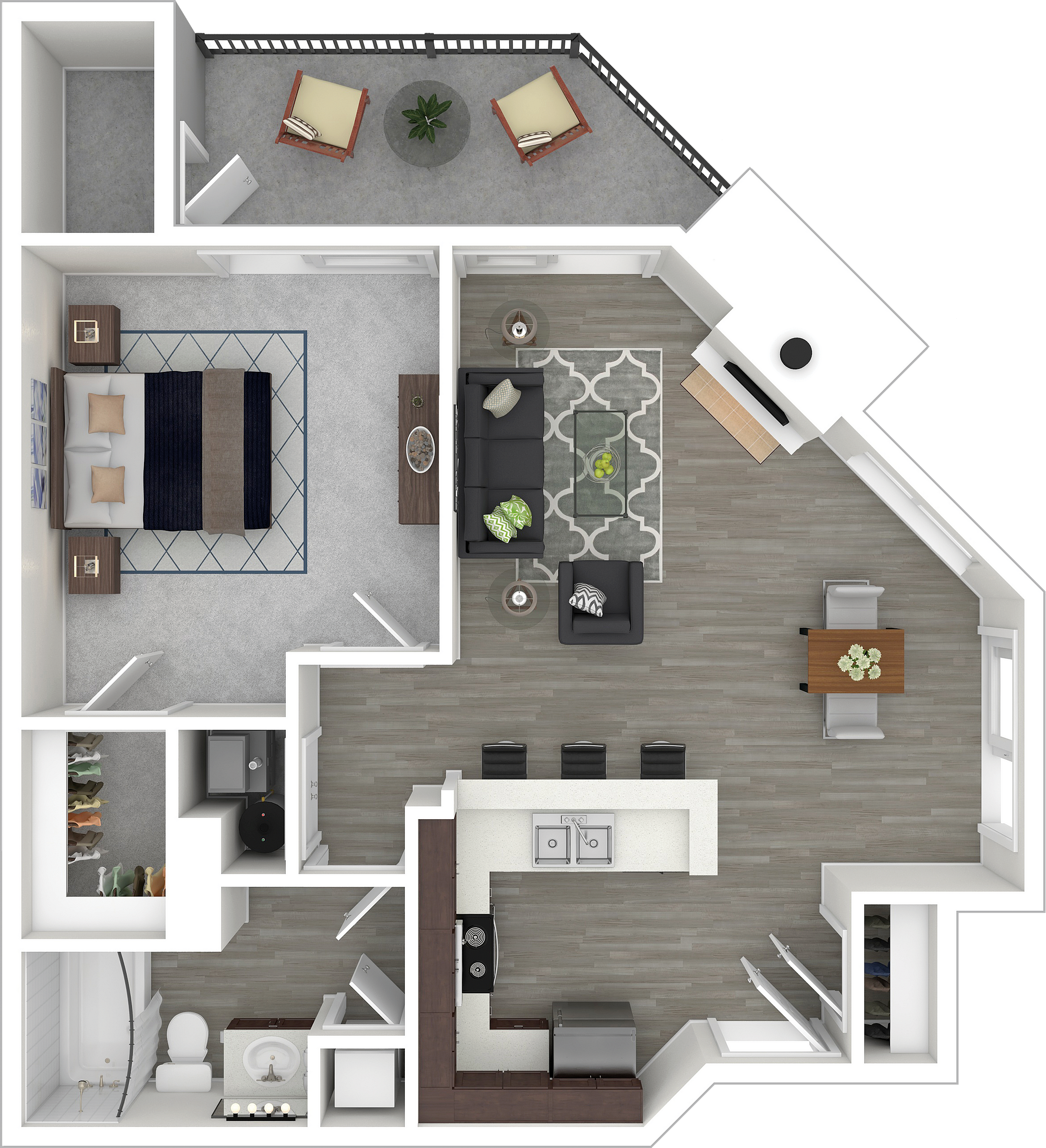 Modern and inviting 1-bedroom apartment floor plan featuring an open-concept living and dining area, stylish kitchen with bar seating, cozy balcony, and elegant bathroom.