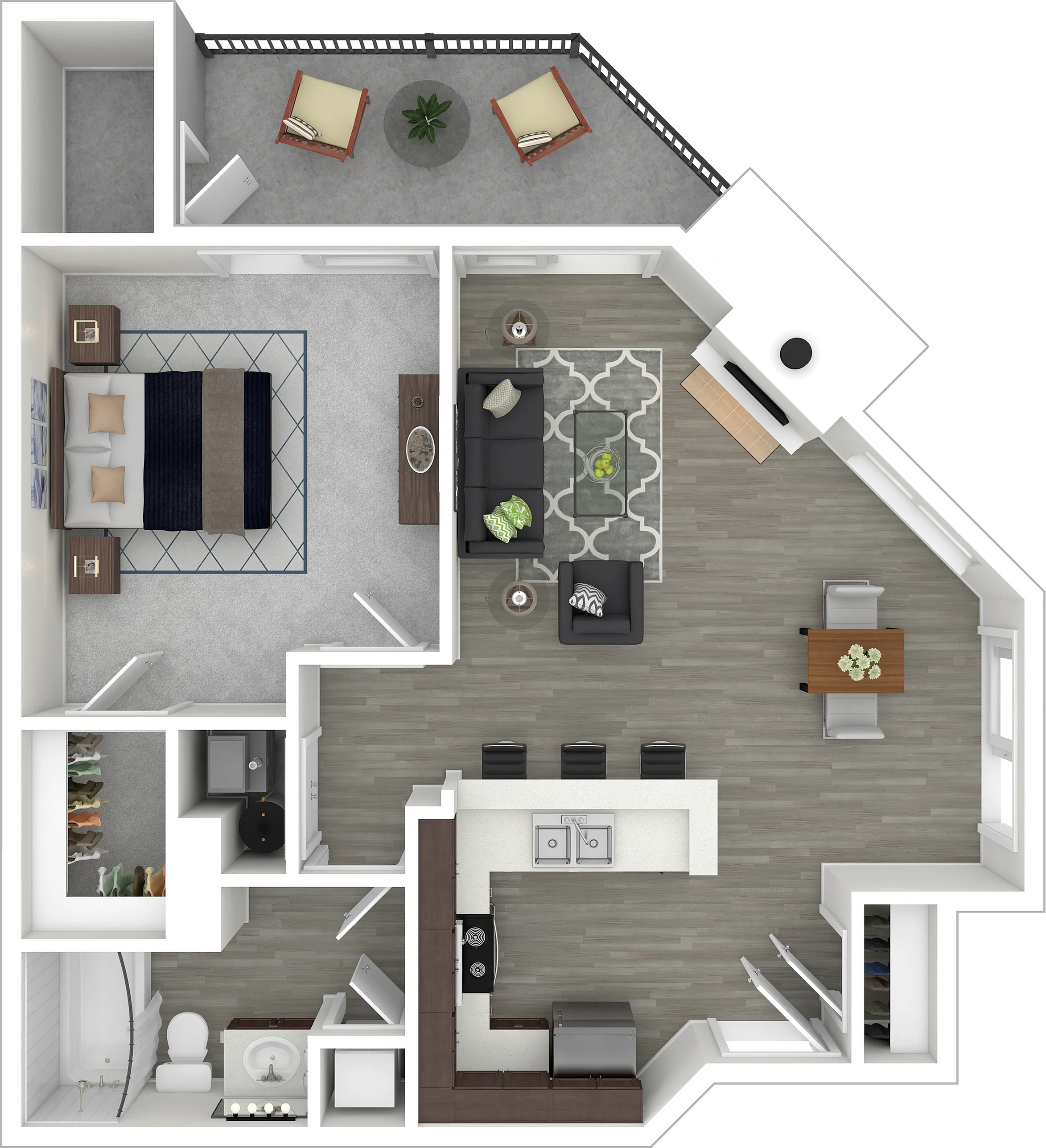 Modern floor plan showcasing a stylish one-bedroom layout with an open living area, sleek kitchen, and charming balcony space.