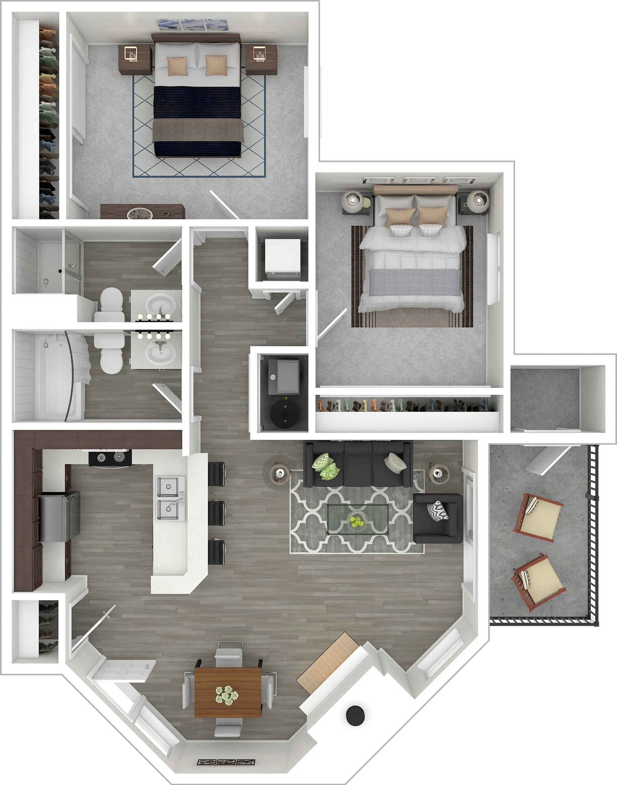 Modern 2D floor plan showcasing 2 spacious bedrooms, cozy living area, sleek kitchen with breakfast bar, and stylish balcony seating.