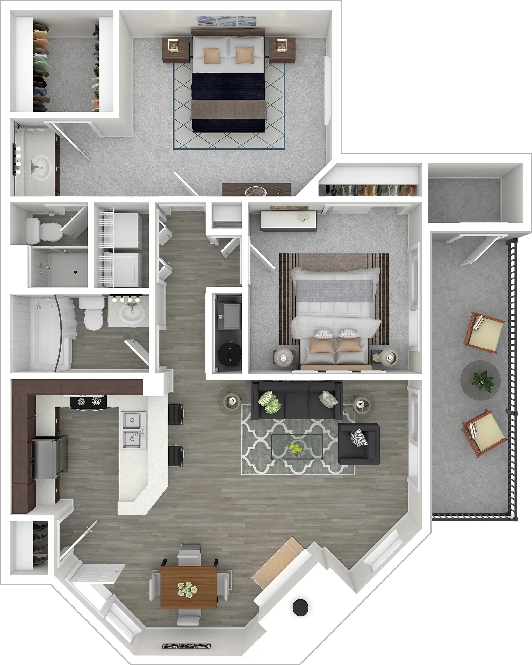 Modern apartment floor plan showcasing 2 spacious bedrooms, a sleek kitchen, elegant living area, and a cozy balcony.