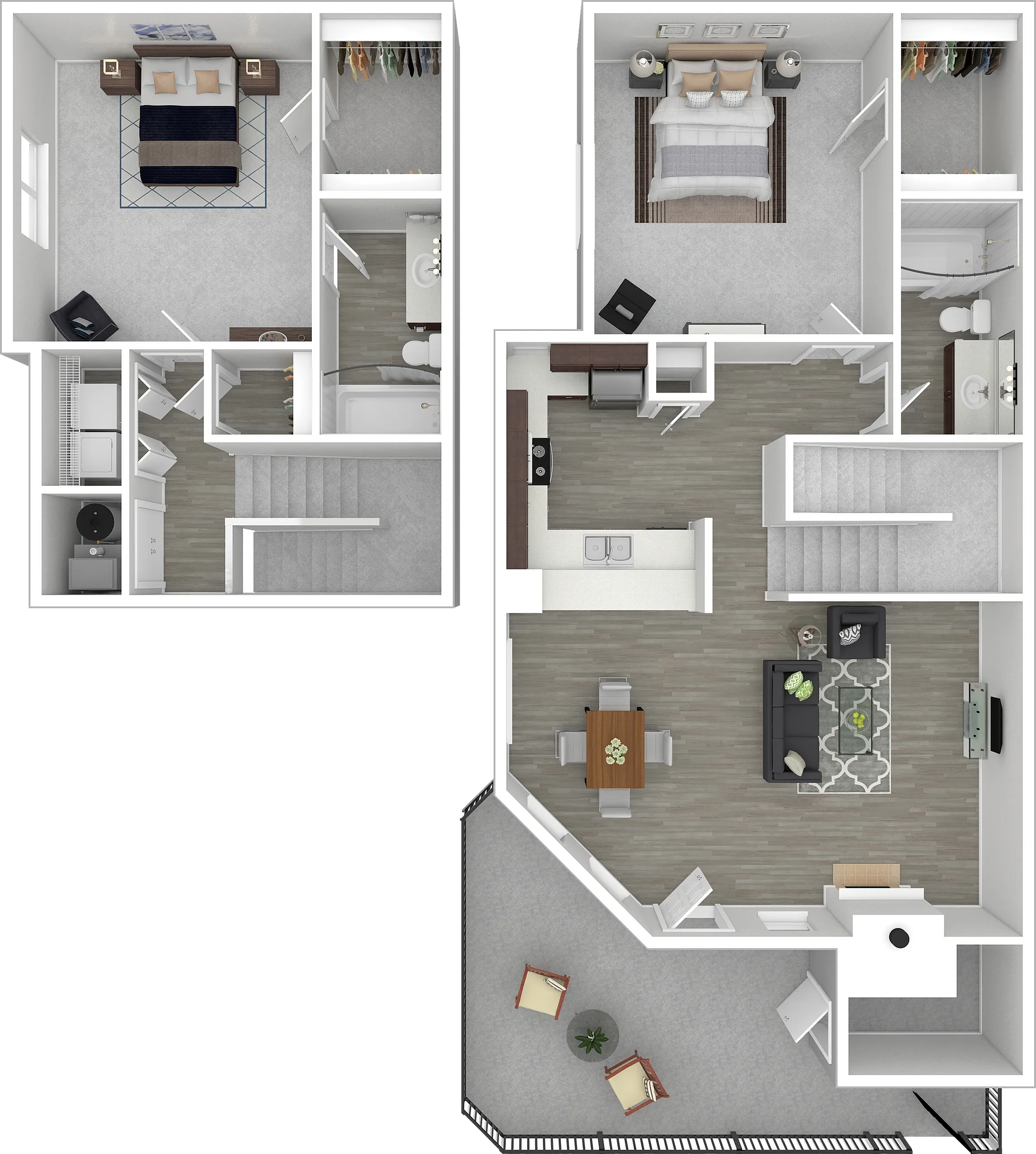 Chic two-story floor plan featuring 2 bedrooms, spacious living room, modern kitchen, and cozy balcony for serene outdoor relaxation.