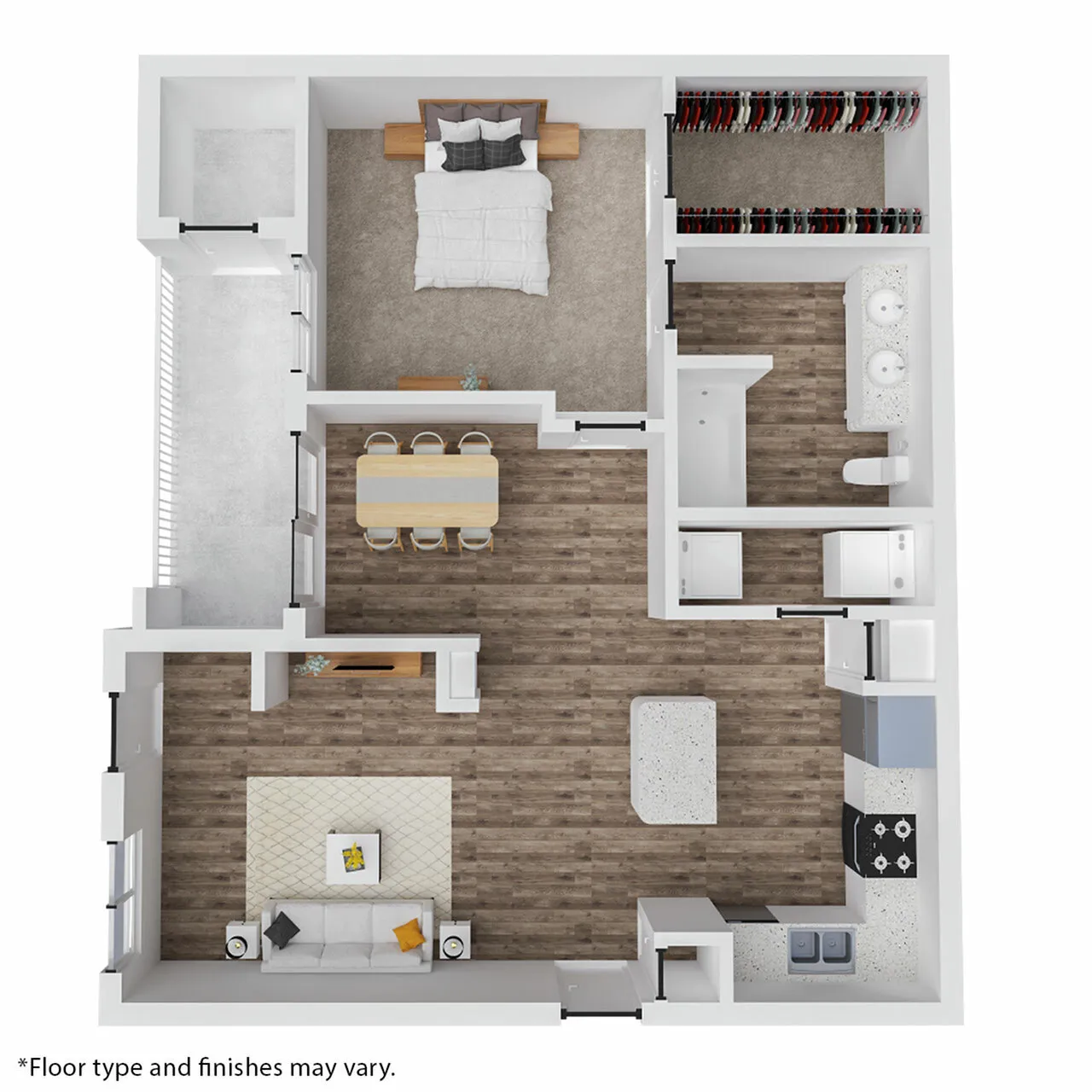 Inviting floor plan showcasing an elegant 1-bedroom apartment with a walk-in closet, modern kitchen, dining area, and spacious living room for stylish urban living.