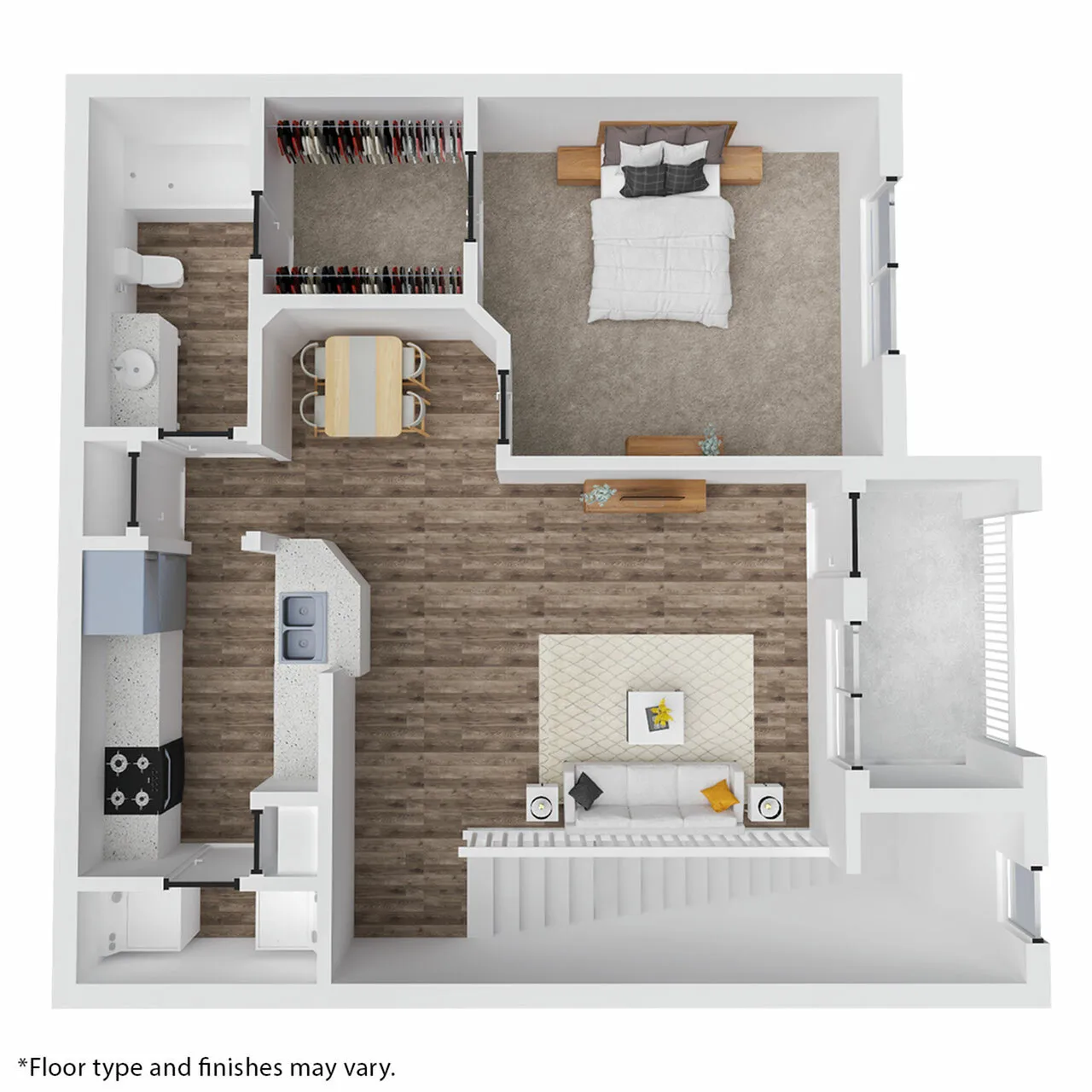 Modern 1-bedroom apartment floor plan showcasing spacious layouts with a cozy living room, stylish kitchen, dining area, and large walk-in closet. Perfect blend of functionality and contemporary design.