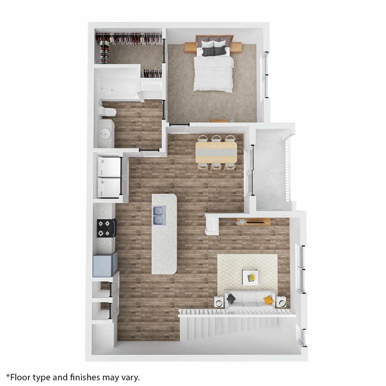 Modern 3D floor plan showcasing a spacious one-bedroom apartment with an open-concept kitchen, elegant dining area, and cozy living room.