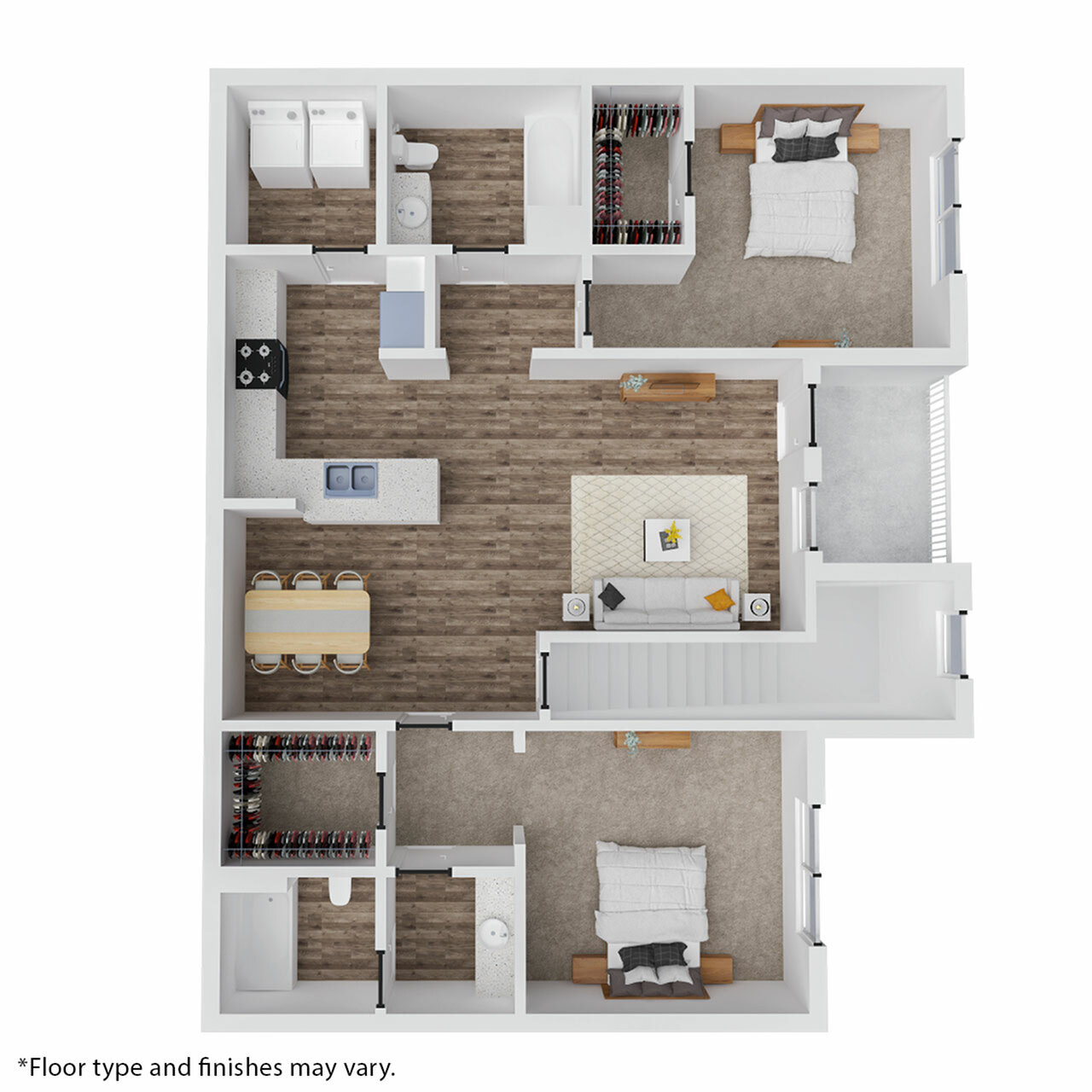 Bright 3D floor plan showcasing 2 bedrooms, spacious living room, modern kitchen, and convenient laundry area.