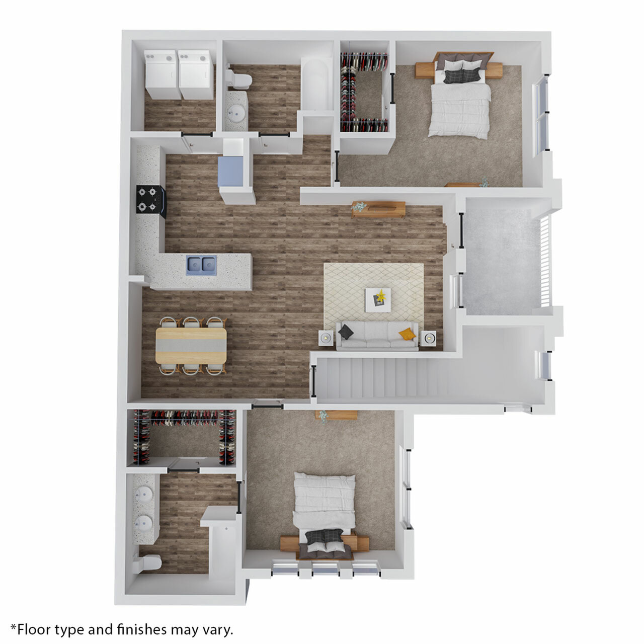 Modern 3D apartment floor plan featuring 2 spacious bedrooms, an open kitchen with dining area, cozy living room, and sleek bathrooms.