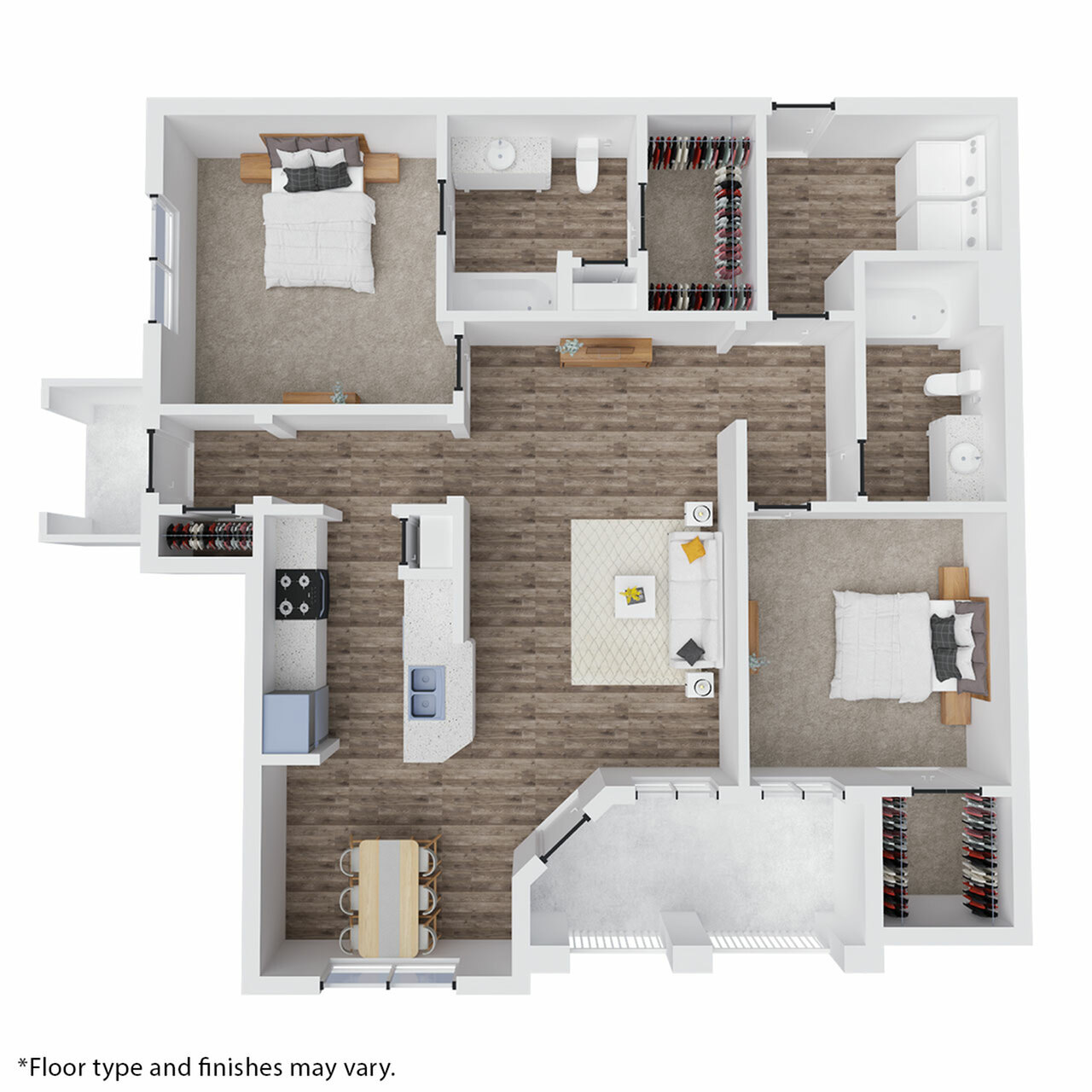 Chic modern floor plan showcasing 3 bedrooms, open living area, elegant kitchen, and dining space with natural light.
