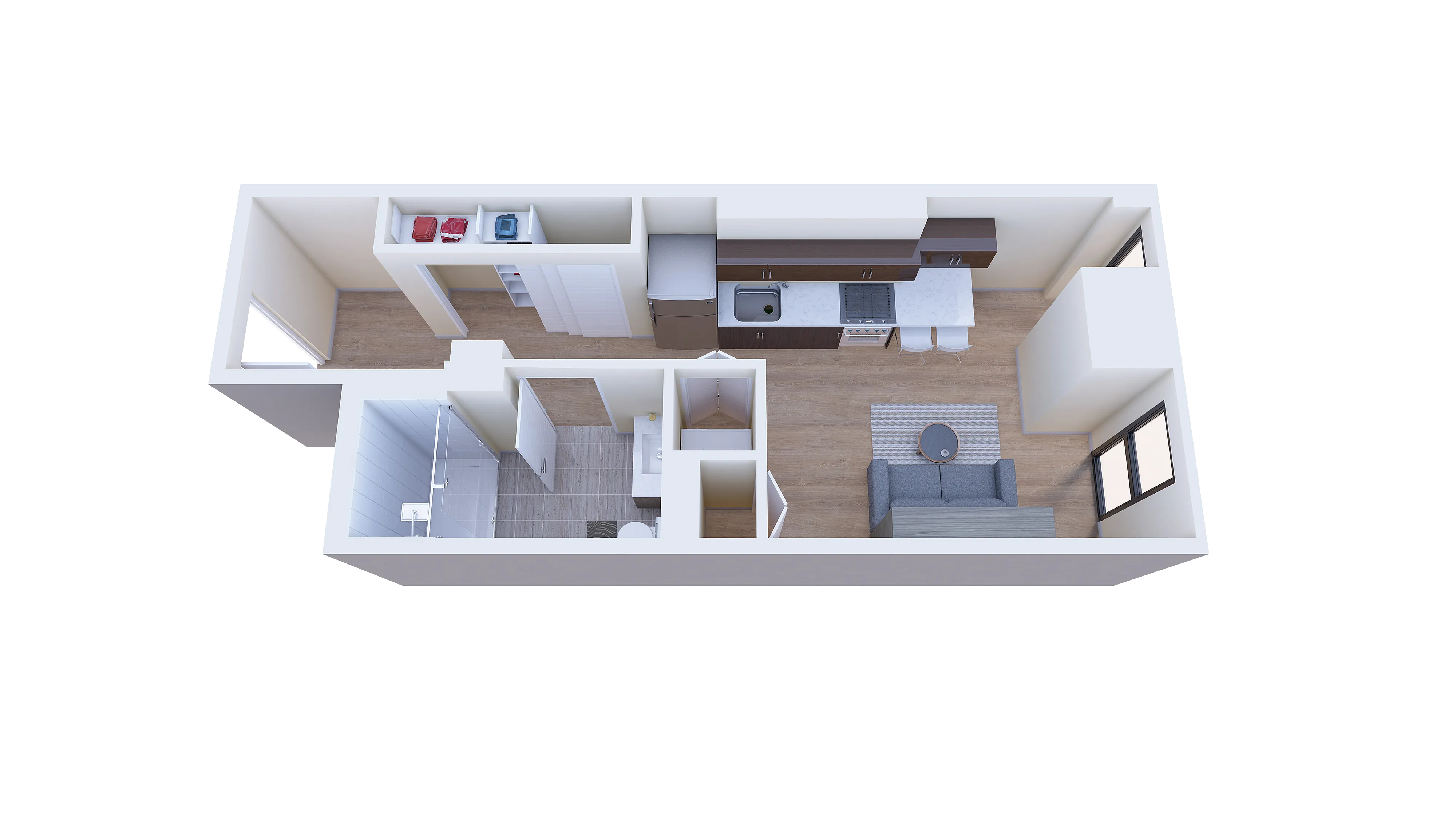 Modern 3D floor plan showcasing a sleek open kitchen, cozy living area, and stylish bathroom.