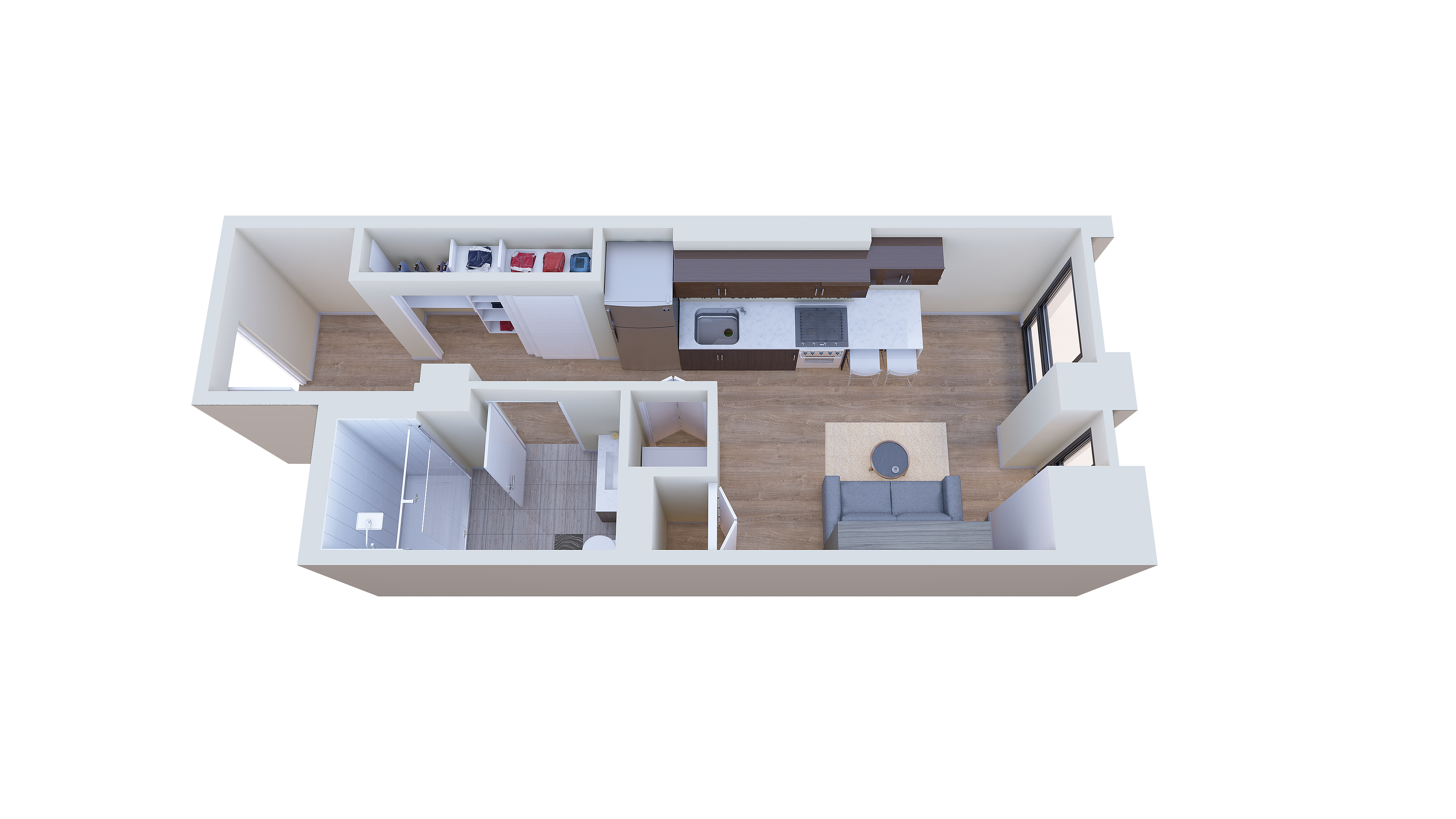 Modern 3D floor plan showcasing a single-bedroom layout, featuring a sleek kitchen, cozy living area, and elegant bathroom.