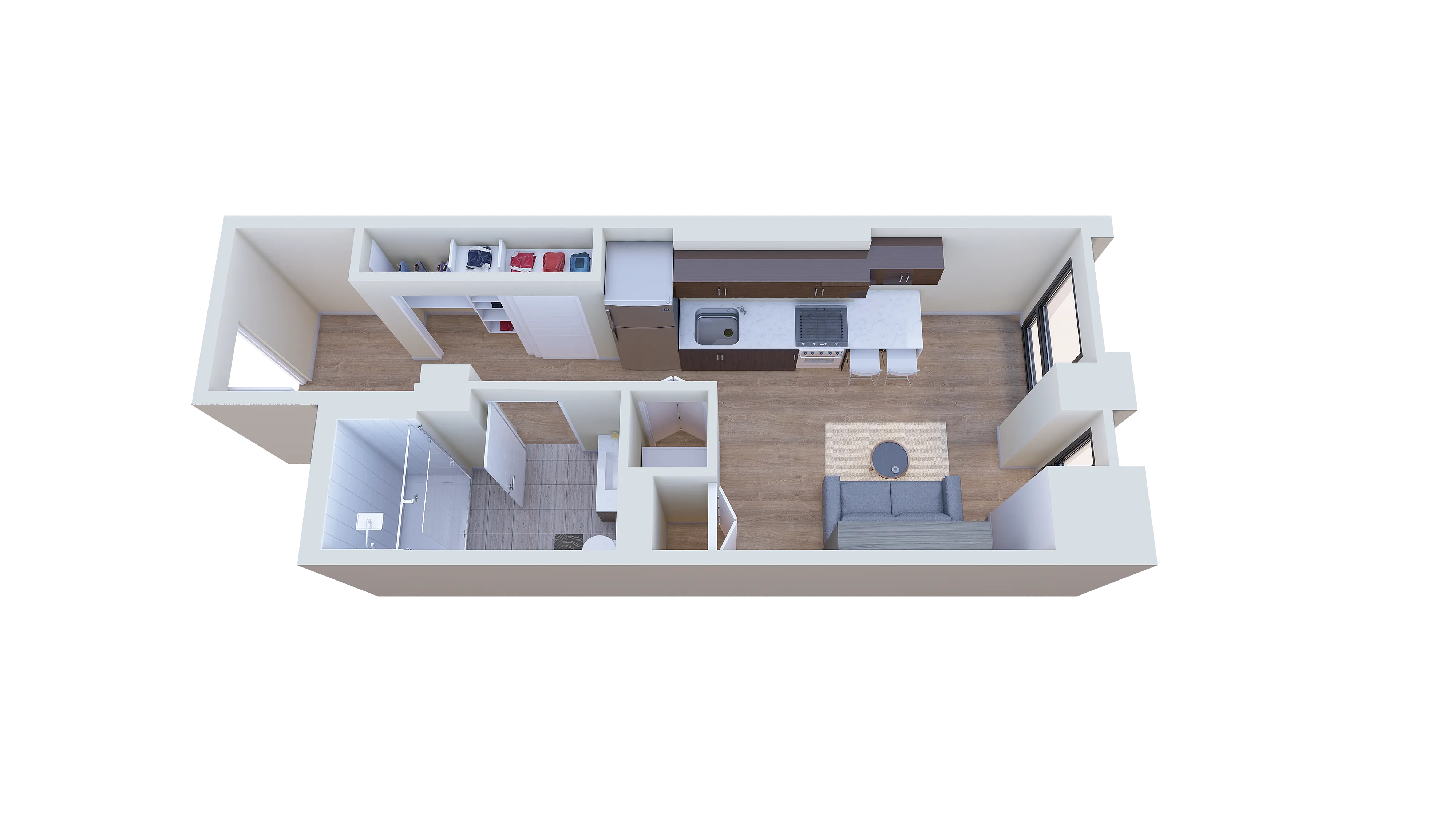 Modern 3D floor plan showcasing an open-concept apartment with a sleek kitchen, stylish living area, and contemporary bathroom.