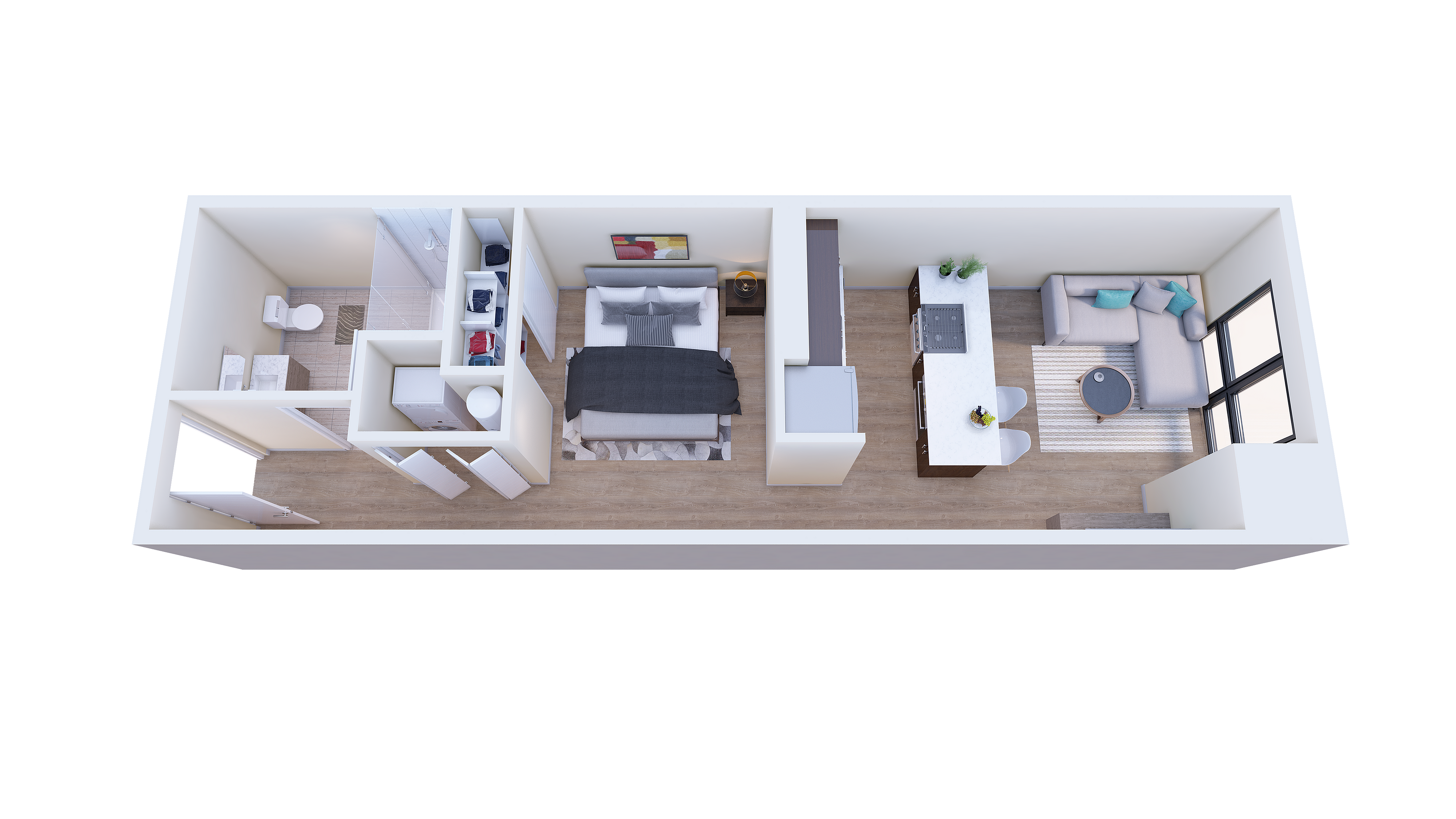 Modern 3D floor plan showcasing a cozy bedroom, sleek bathroom, and open-plan kitchen-living area with large windows.