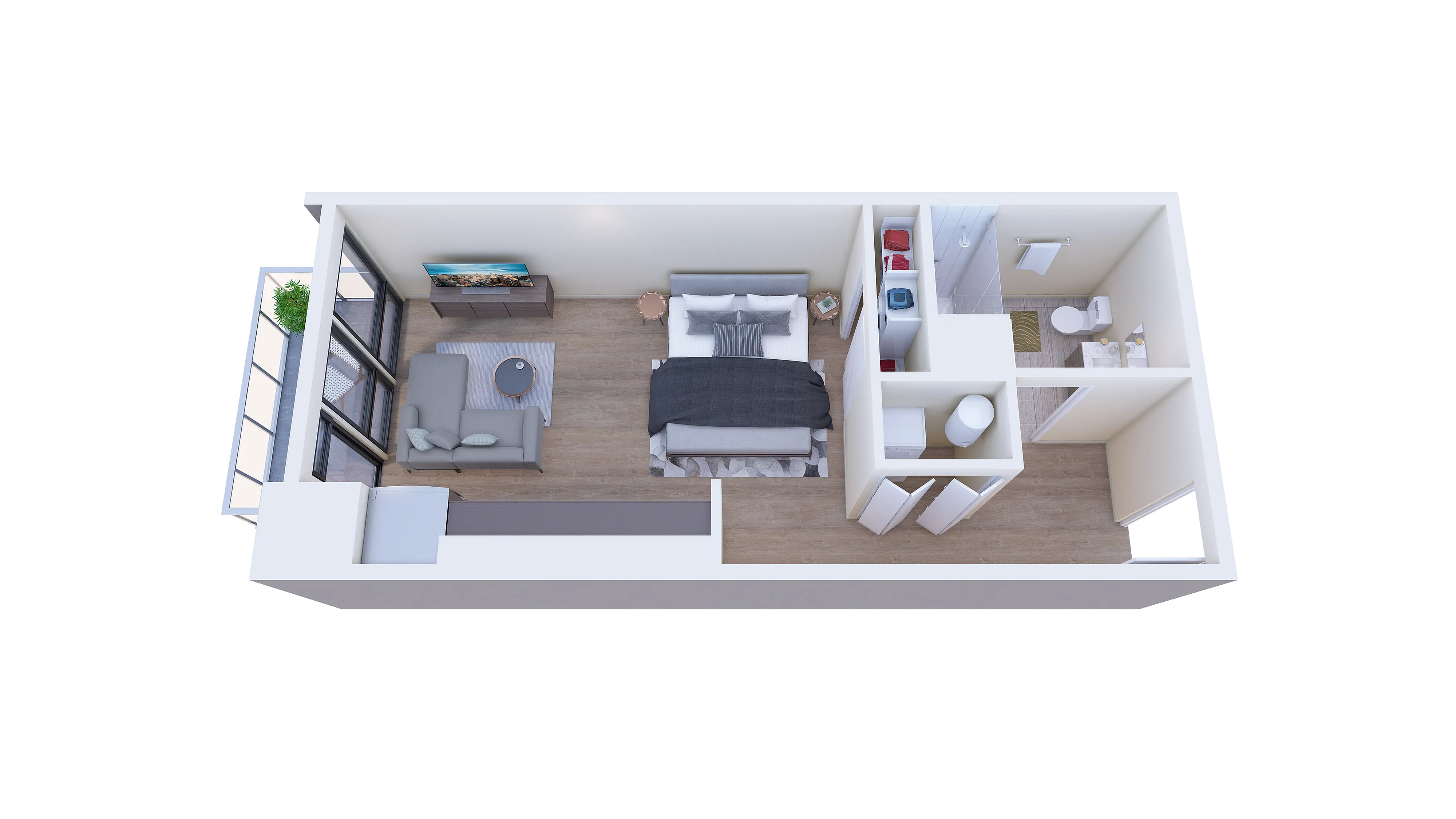 Modern one-bedroom apartment layout featuring a cozy living room with large windows, a stylish bedroom, and a compact bathroom.