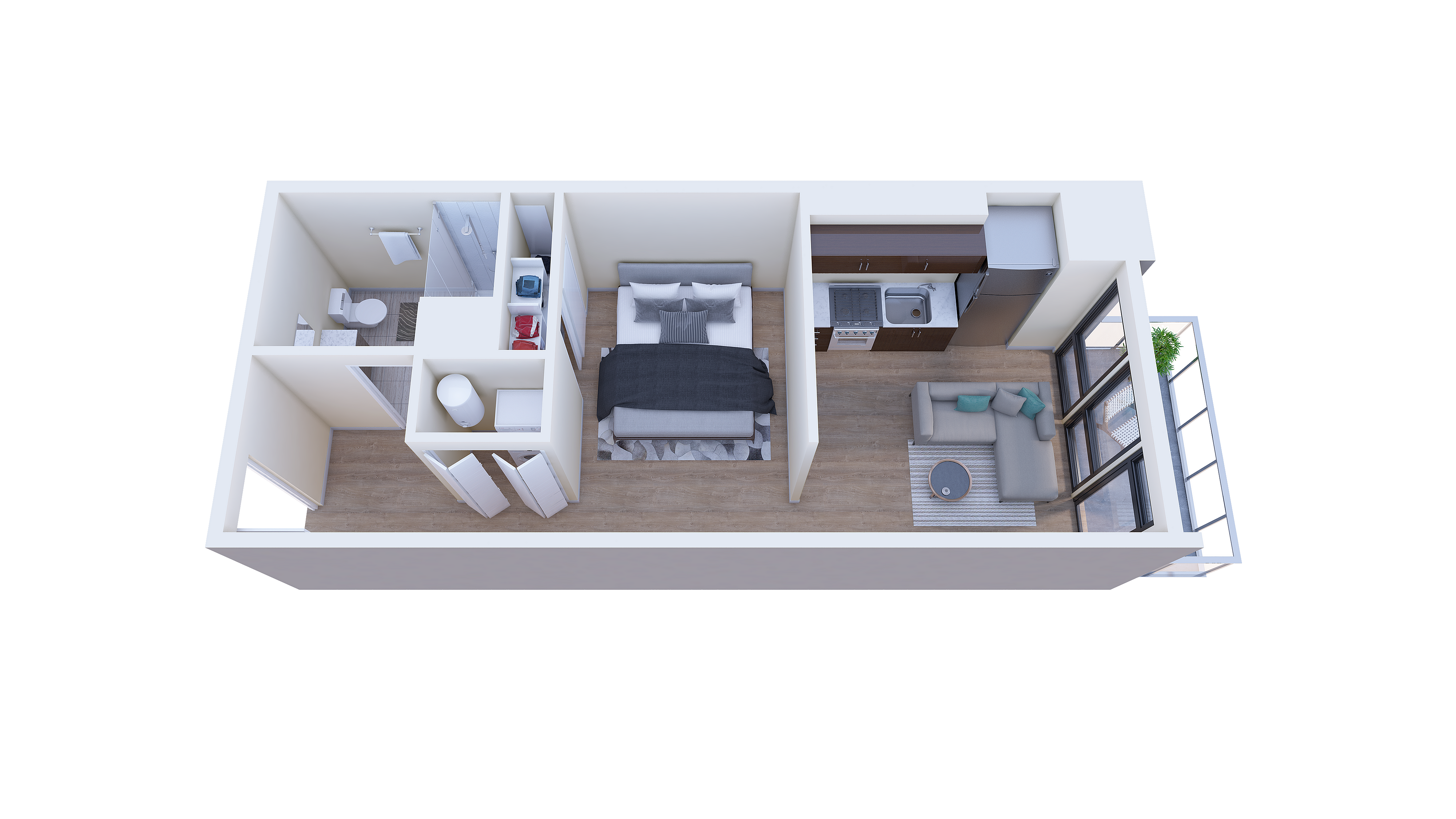 Modern 3D floor plan of a chic studio apartment featuring an open-concept living area, cozy bedroom, and sleek kitchen with large windows.