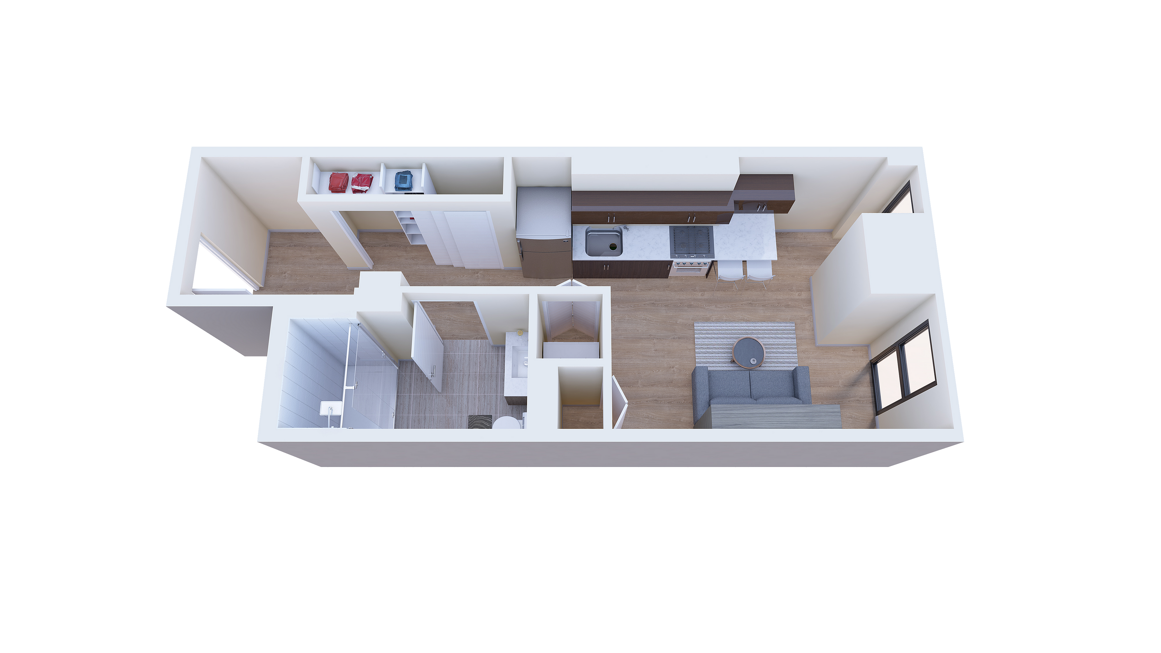 Modern 3D floor plan showcasing a one-bedroom apartment with an open-concept living area, sleek kitchen, and stylish bathroom.