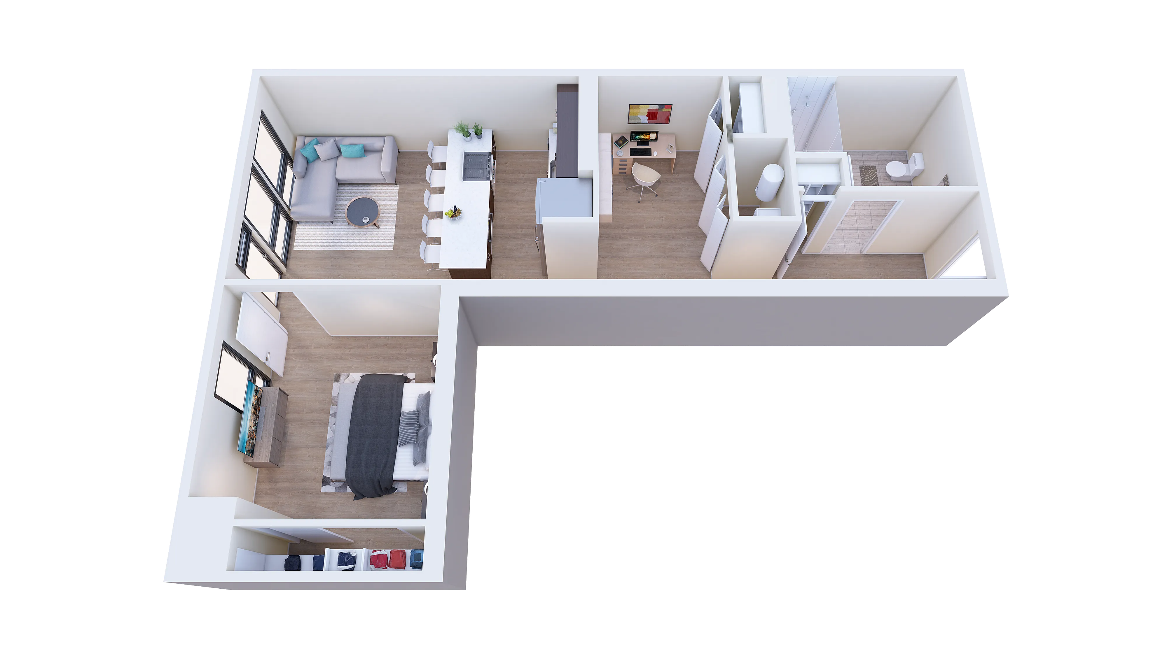 Modern L-shaped floor plan featuring a cozy living room, stylish kitchen with island seating, spacious bedroom, and elegant bathroom.