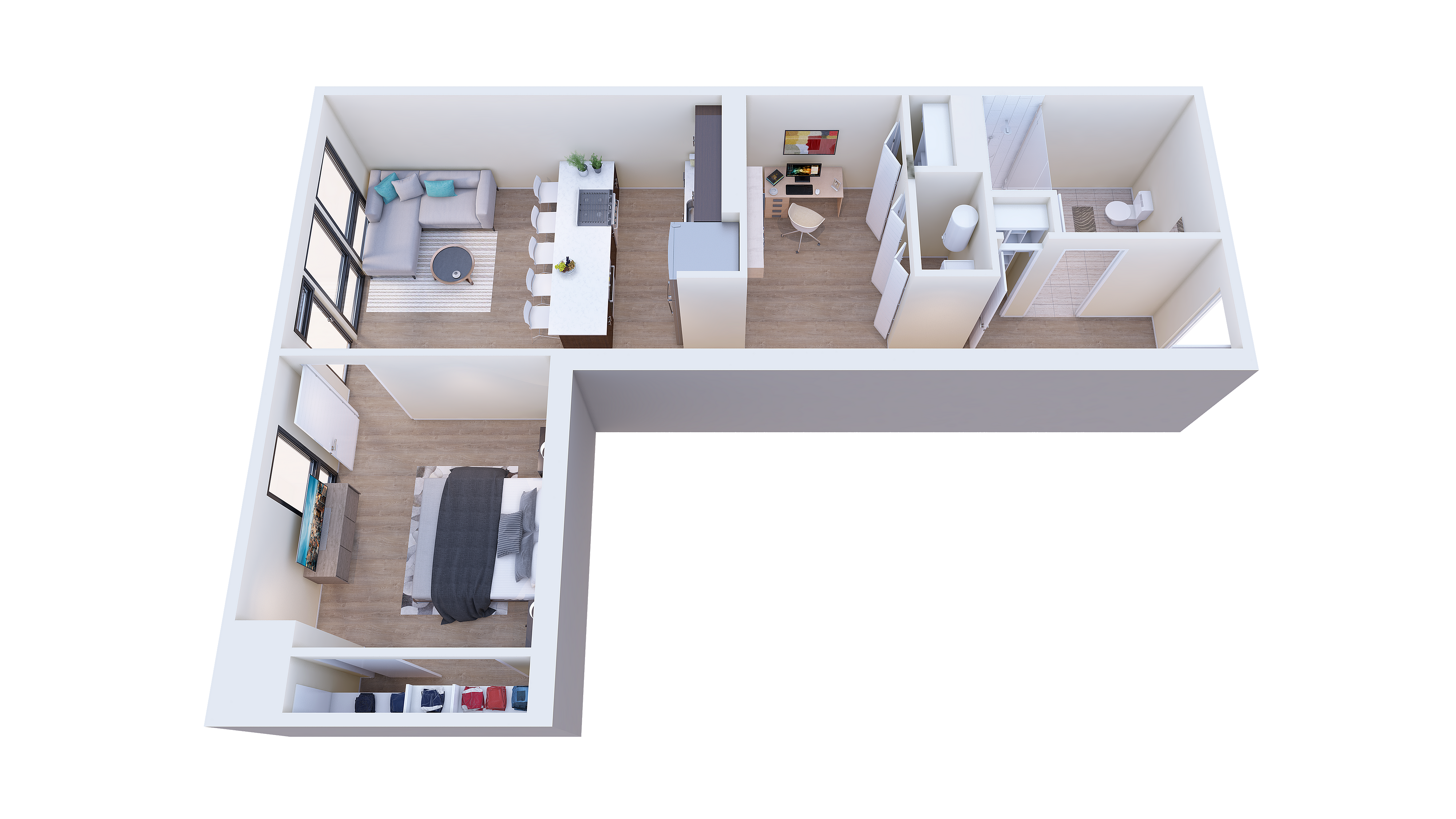 Modern 3D floor plan showcasing one bedroom apartment with open kitchen, stylish living area, and convenient home office space.