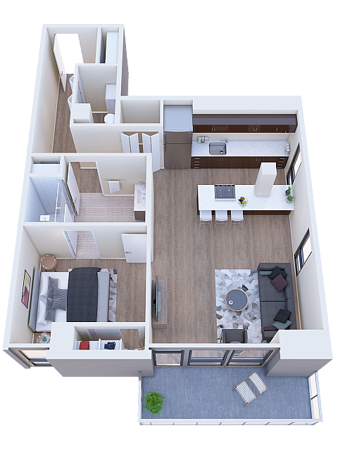 Modern open-concept 3D floor plan showcasing a cozy bedroom, sleek kitchen with breakfast bar, spacious living area, and private balcony.