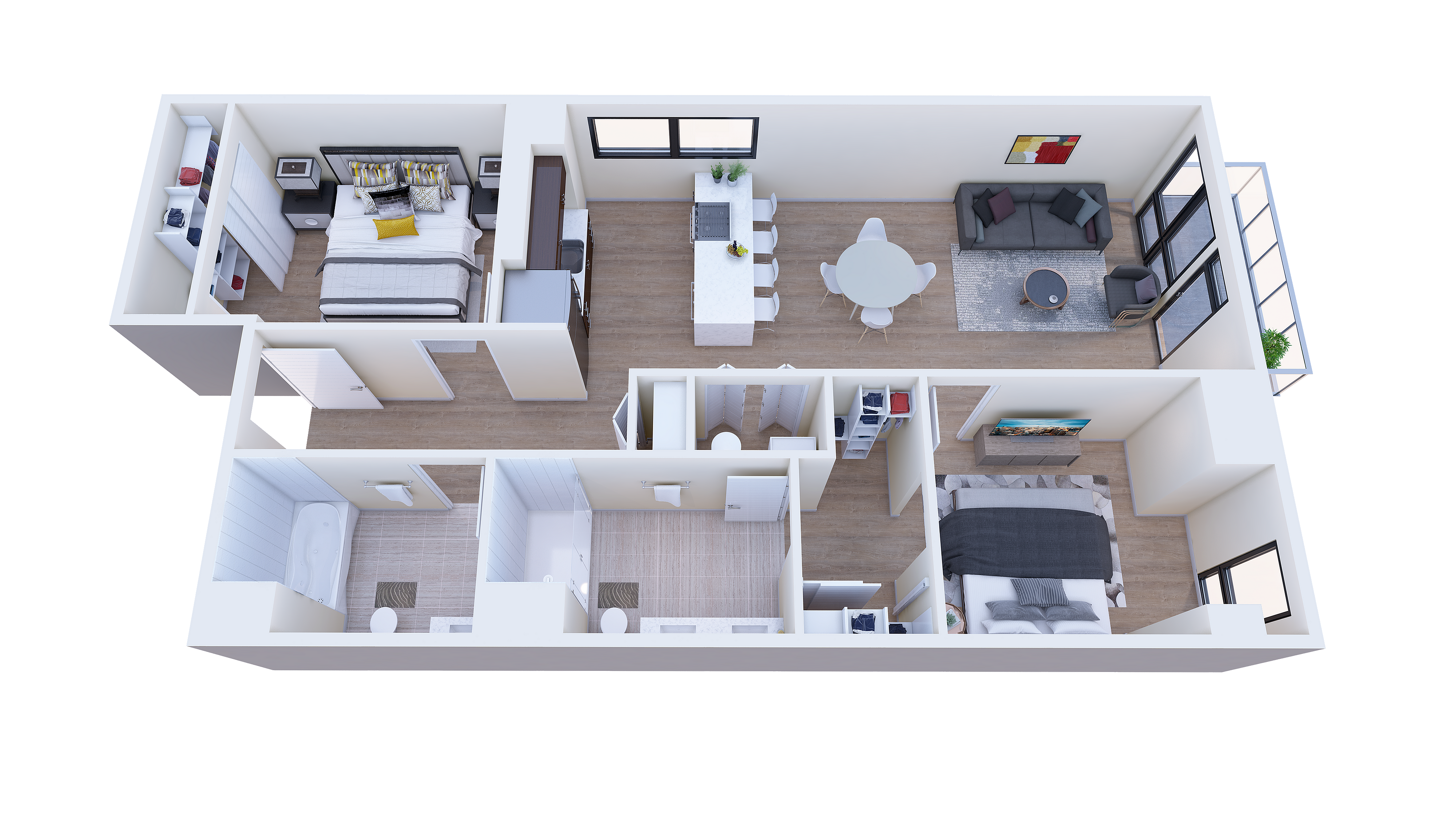 Modern 3D floor plan showcasing a bright apartment with two bedrooms, open living area, and stylish kitchen, ideal for contemporary living.