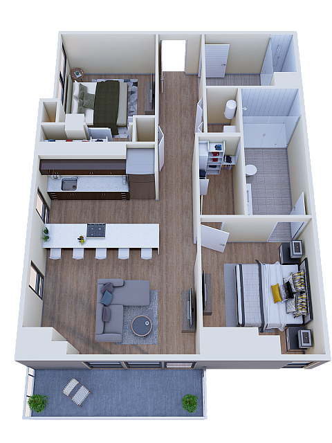 Modern 3D floor plan showcasing 2 bedrooms, a sleek open-concept kitchen, cozy living area, and spacious balcony.