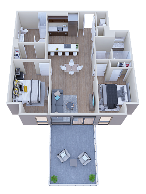 Modern 3D floor plan displaying two bedrooms, open kitchen with island, cozy living room, and expansive balcony.