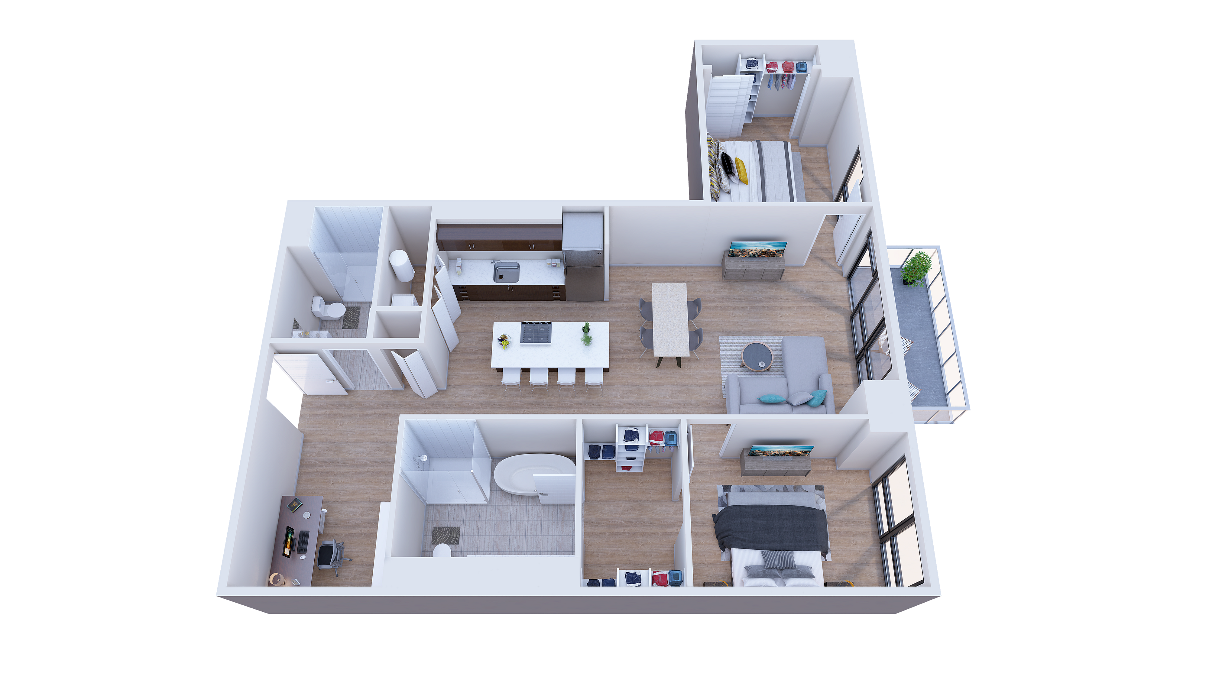 Modern 3D floor plan showcasing a spacious apartment with 2 bedrooms, open-concept living and dining area, stylish kitchen with island, and a cozy balcony view.