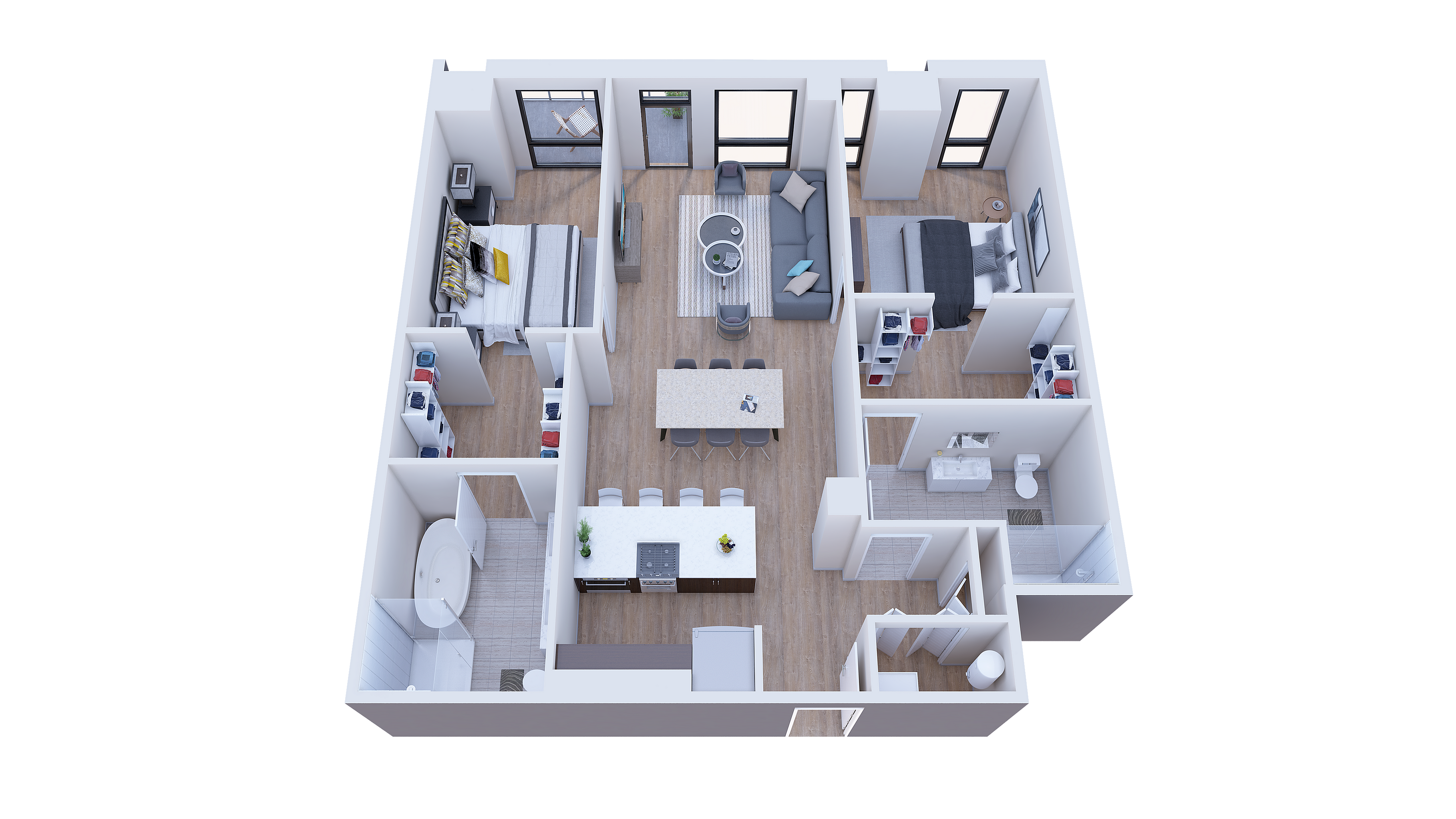 Modern 3D floor plan showcasing two spacious bedrooms, a cozy living area, and a sleek open kitchen design.