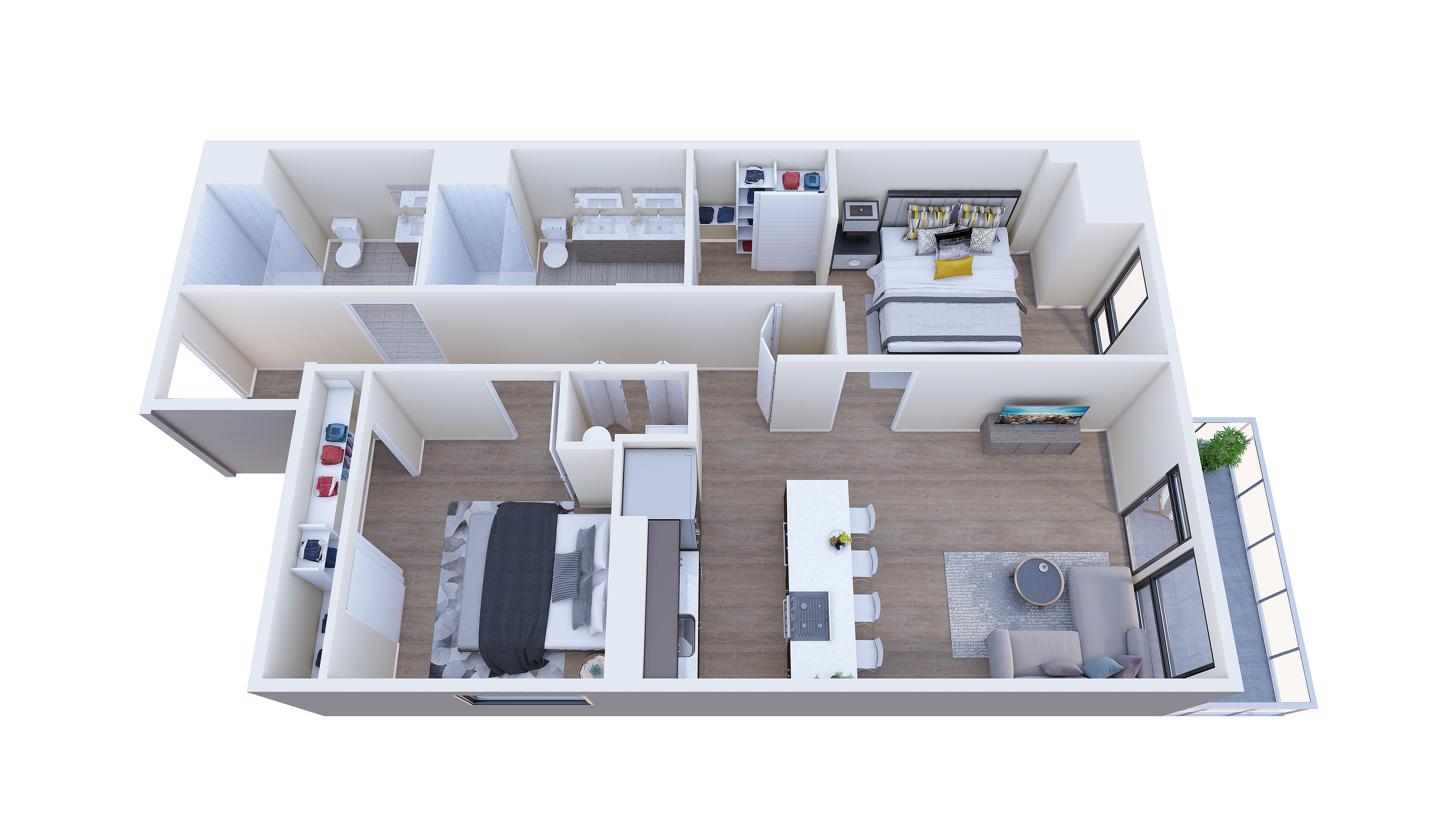 Modern 3D floor plan showcasing 2 bedrooms, open living and dining area, sleek kitchen, and 2 bathrooms with ample natural light.