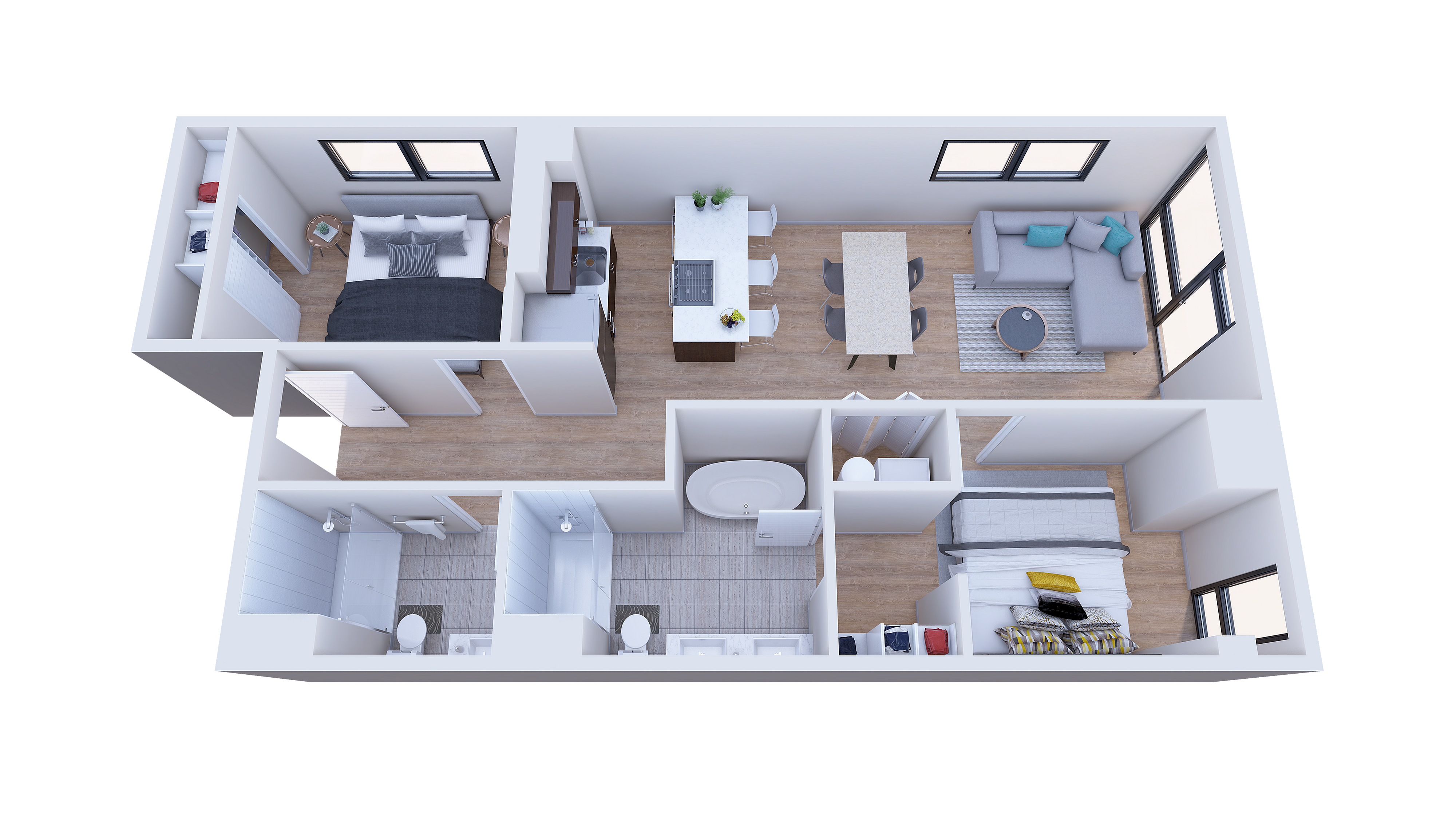 3D floor plan showcasing a modern 2-bedroom apartment with open-concept living room, stylish kitchen, and two sleek bathrooms.