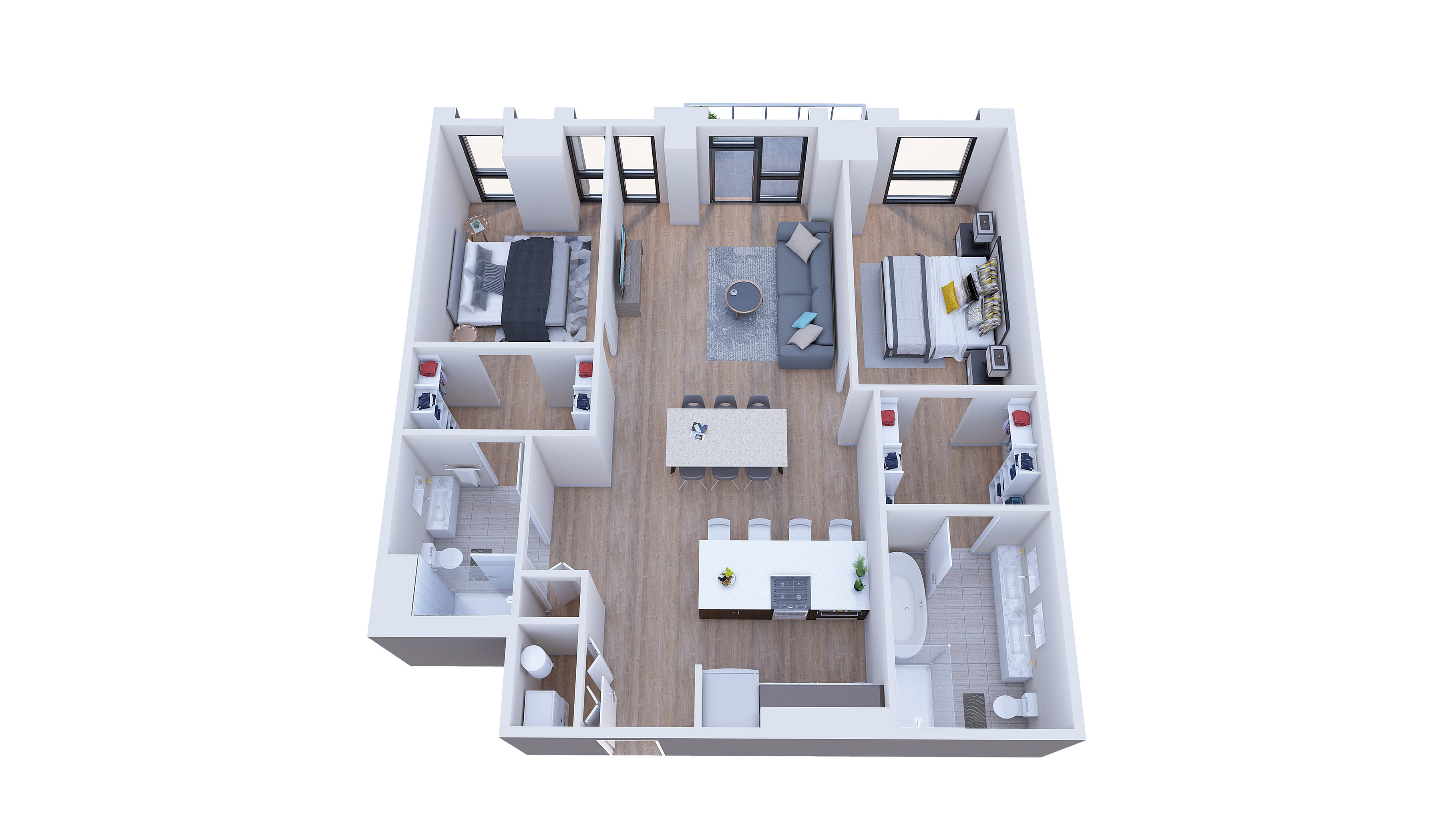 Modern 3D apartment floor plan showcasing 2 bedrooms, open living and dining area, contemporary kitchen, and two bathrooms.
