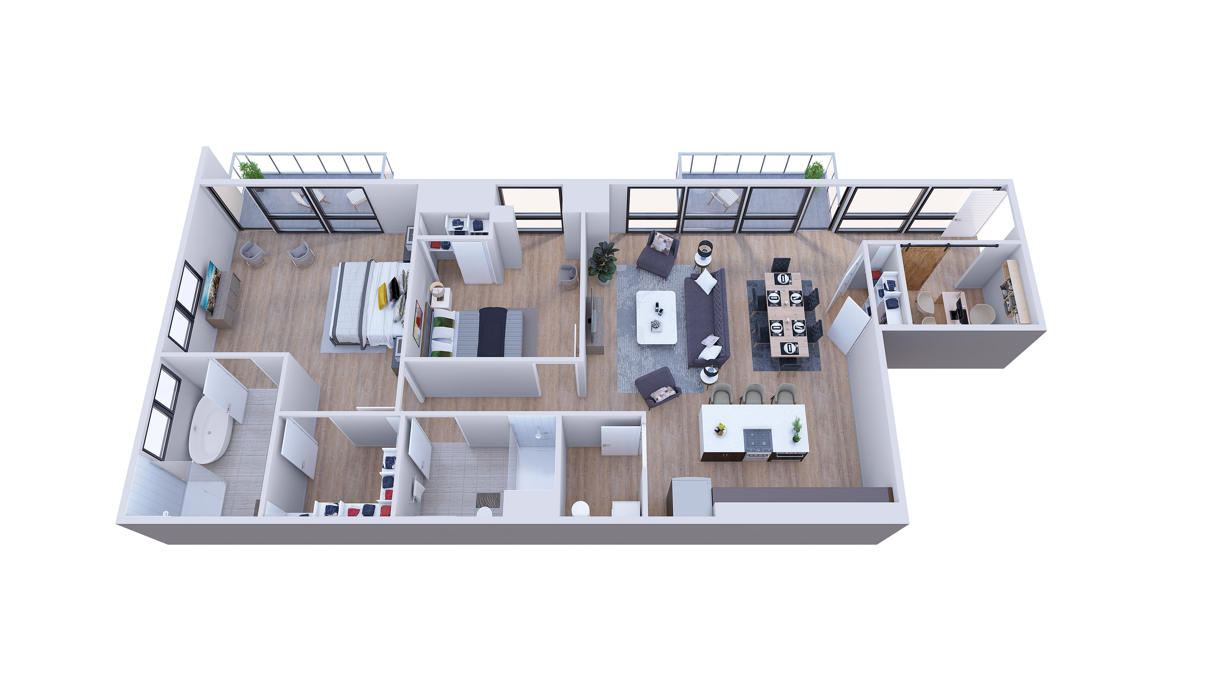 Modern 3D floor plan showcasing a master bedroom with ensuite, stylish open-plan kitchen and dining area, spacious living room, and inviting balcony access.