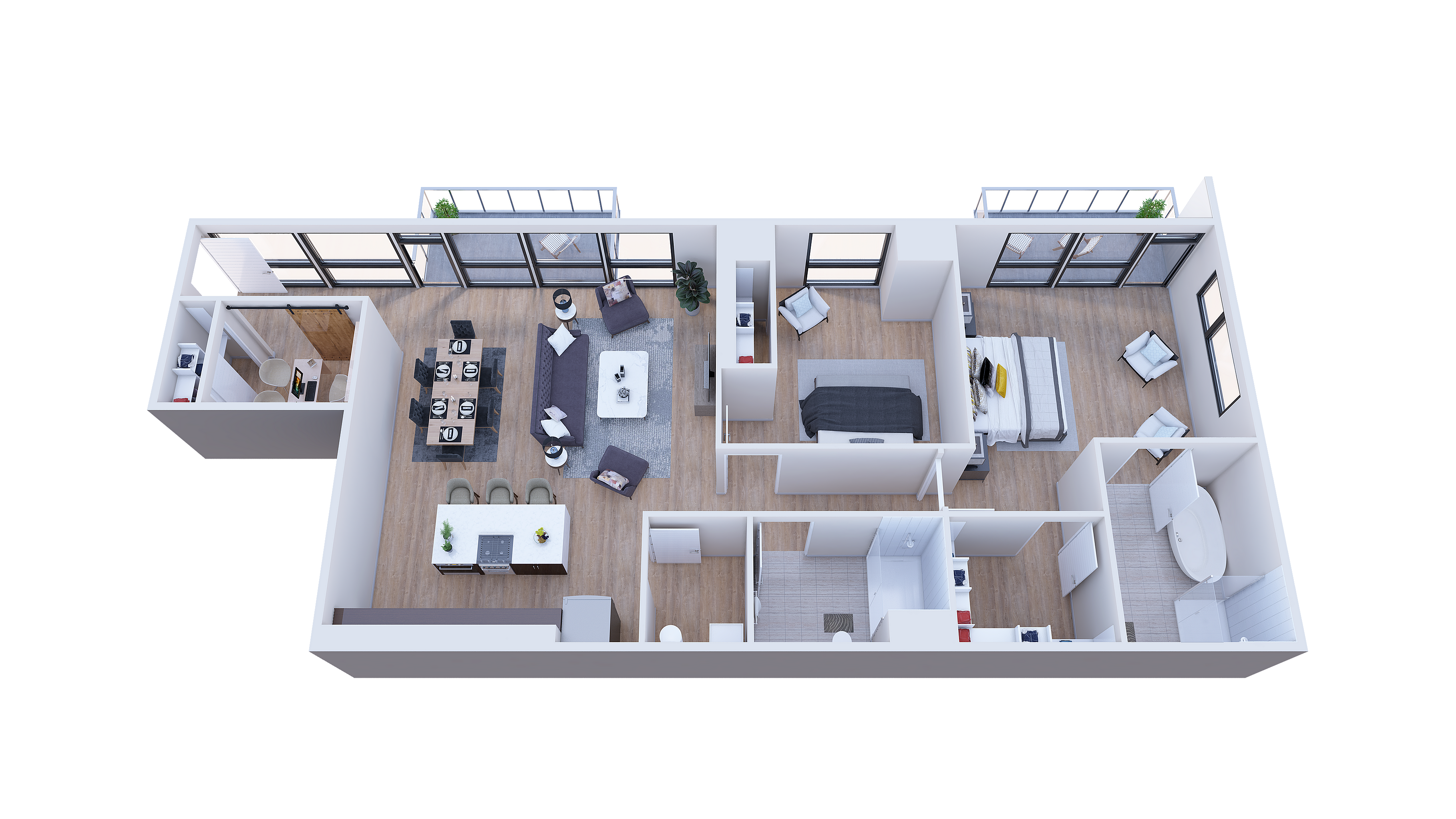 Modern apartment floor plan featuring an open living and dining area, two elegant bedrooms, and a sleek kitchen.