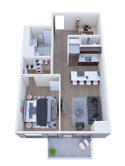 Modern apartment layout with one bedroom, open-concept kitchen and living area, featuring a cozy patio and elegant wood flooring.