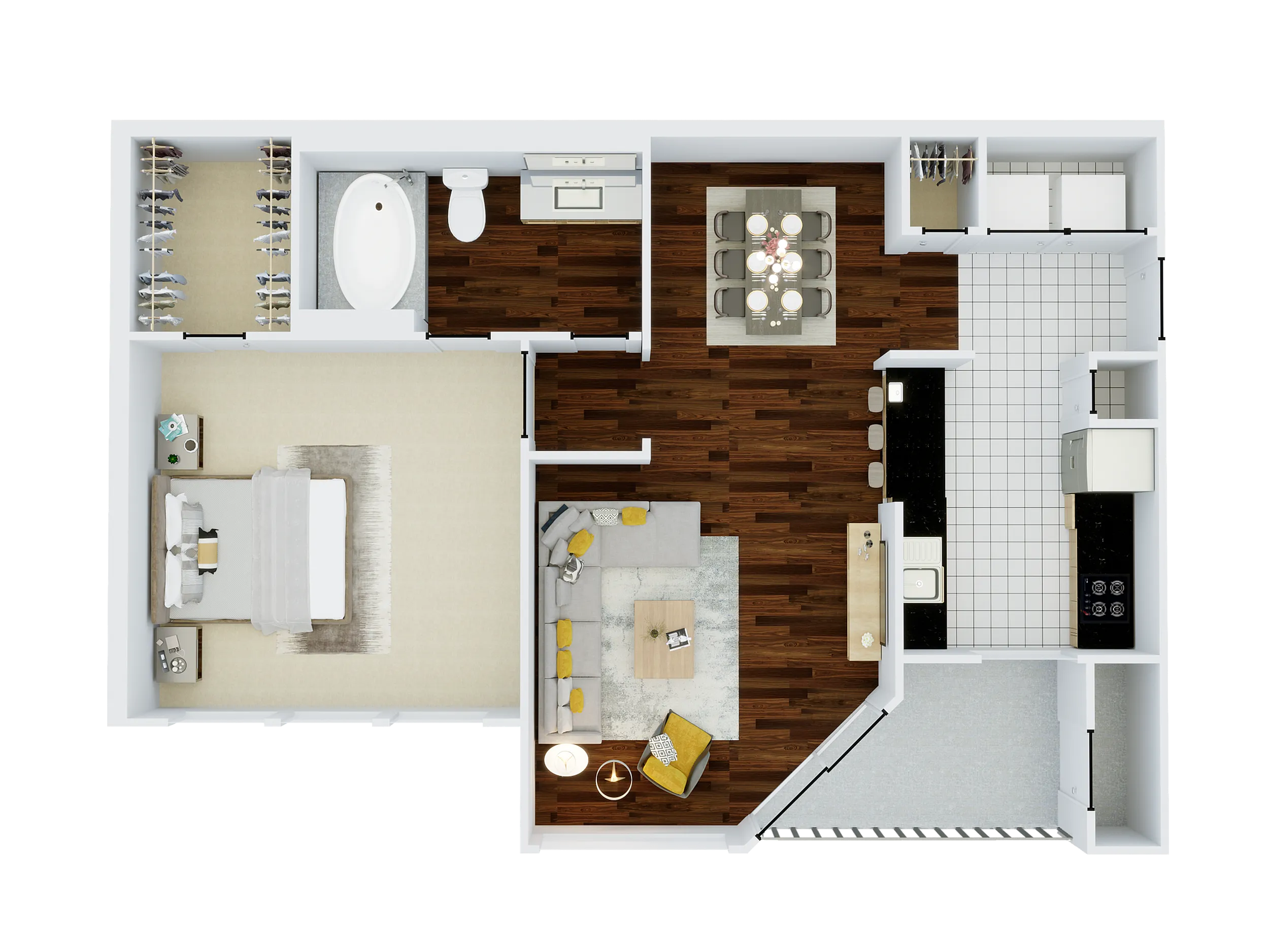 Modern floor plan showcasing a spacious one-bedroom layout with a luxurious bathroom, walk-in closet, open-concept living area, and sleek kitchen design.