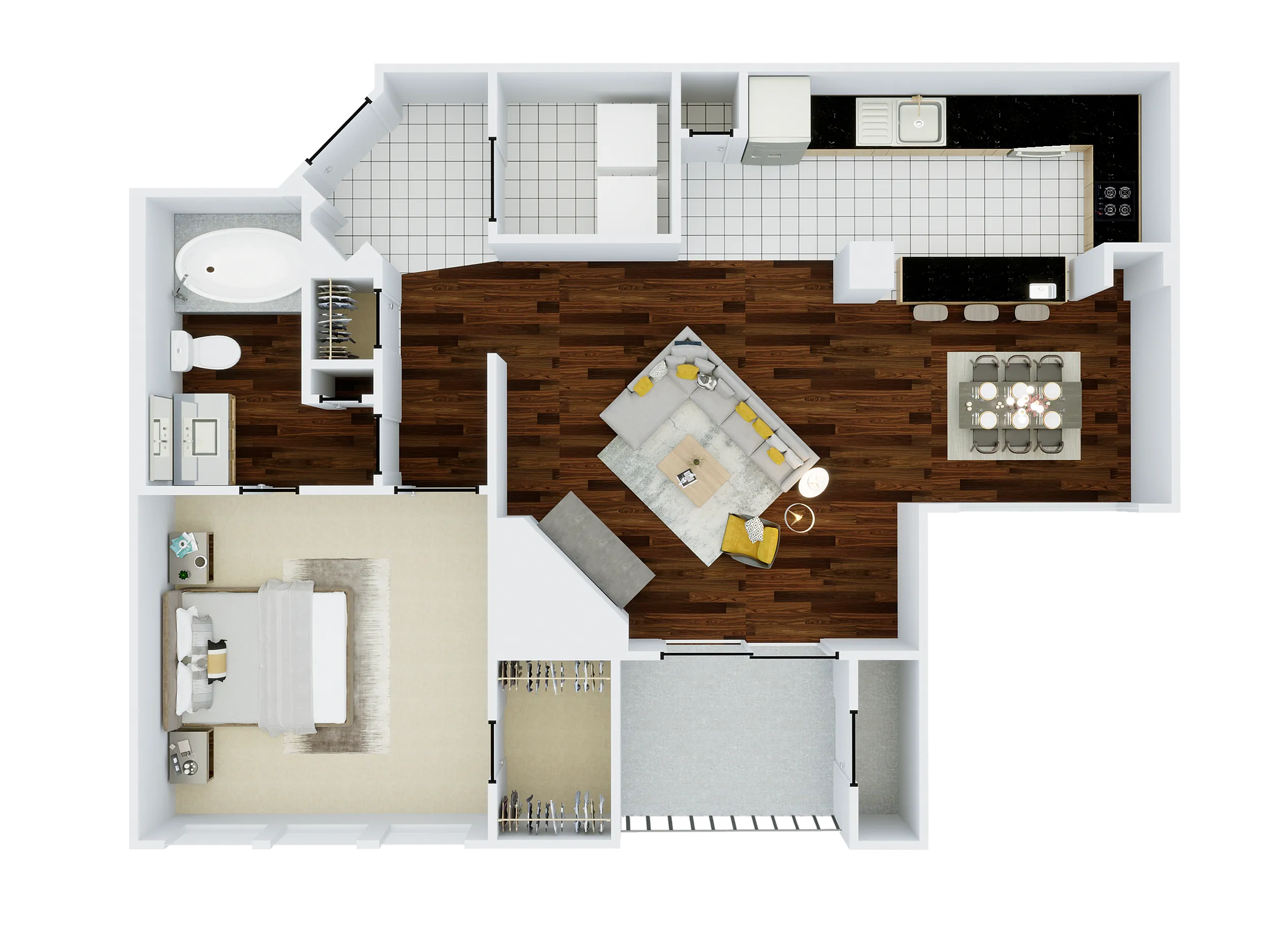 Elegant floor plan showcasing a modern one-bedroom apartment with an open-concept living area, stylish kitchen, spacious bathroom, and cozy dining space.