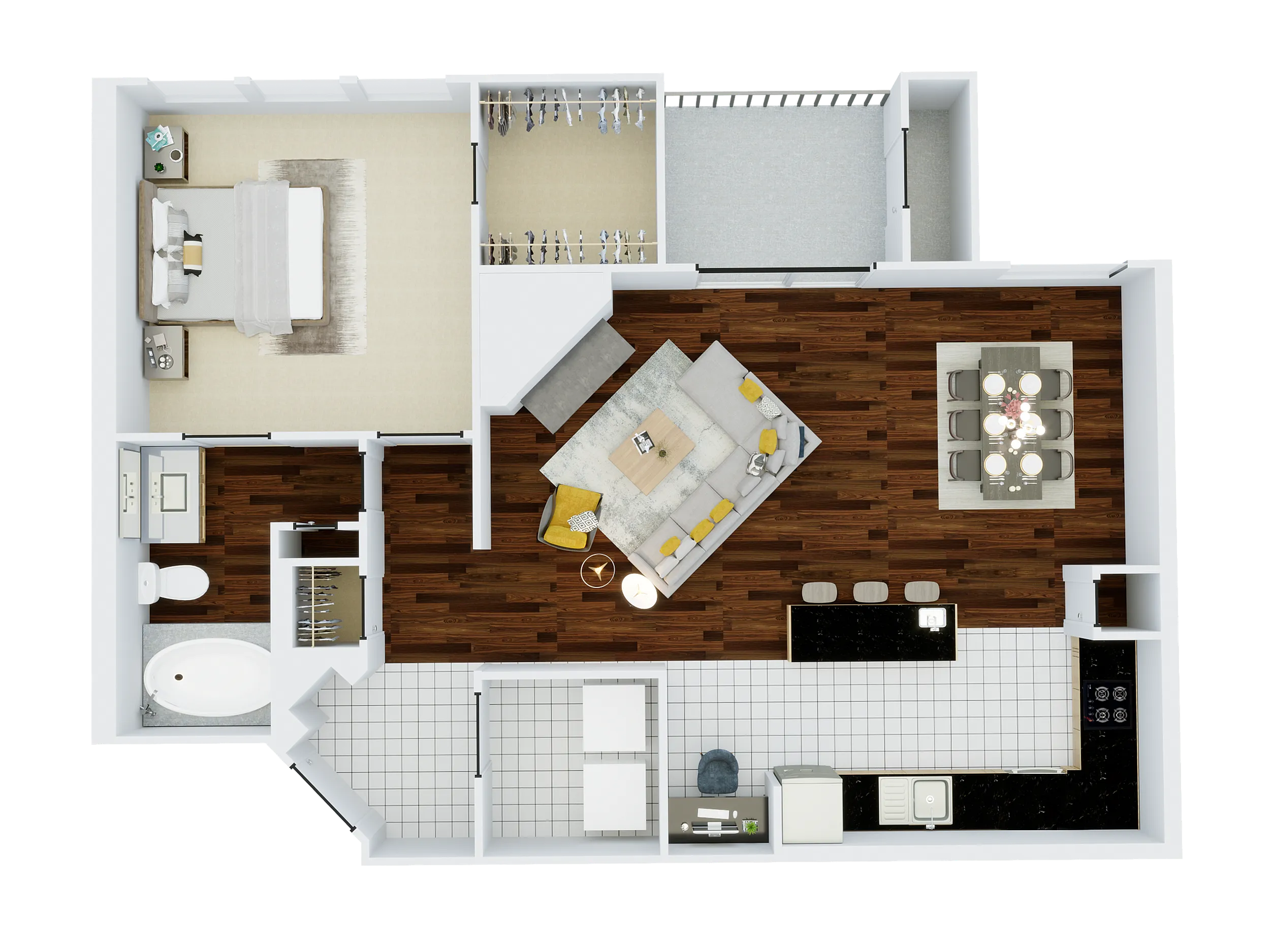 Elegant floor plan showcasing a luxurious single-bedroom apartment with a spacious open-concept living area, modern kitchen, and stylish dining space.
