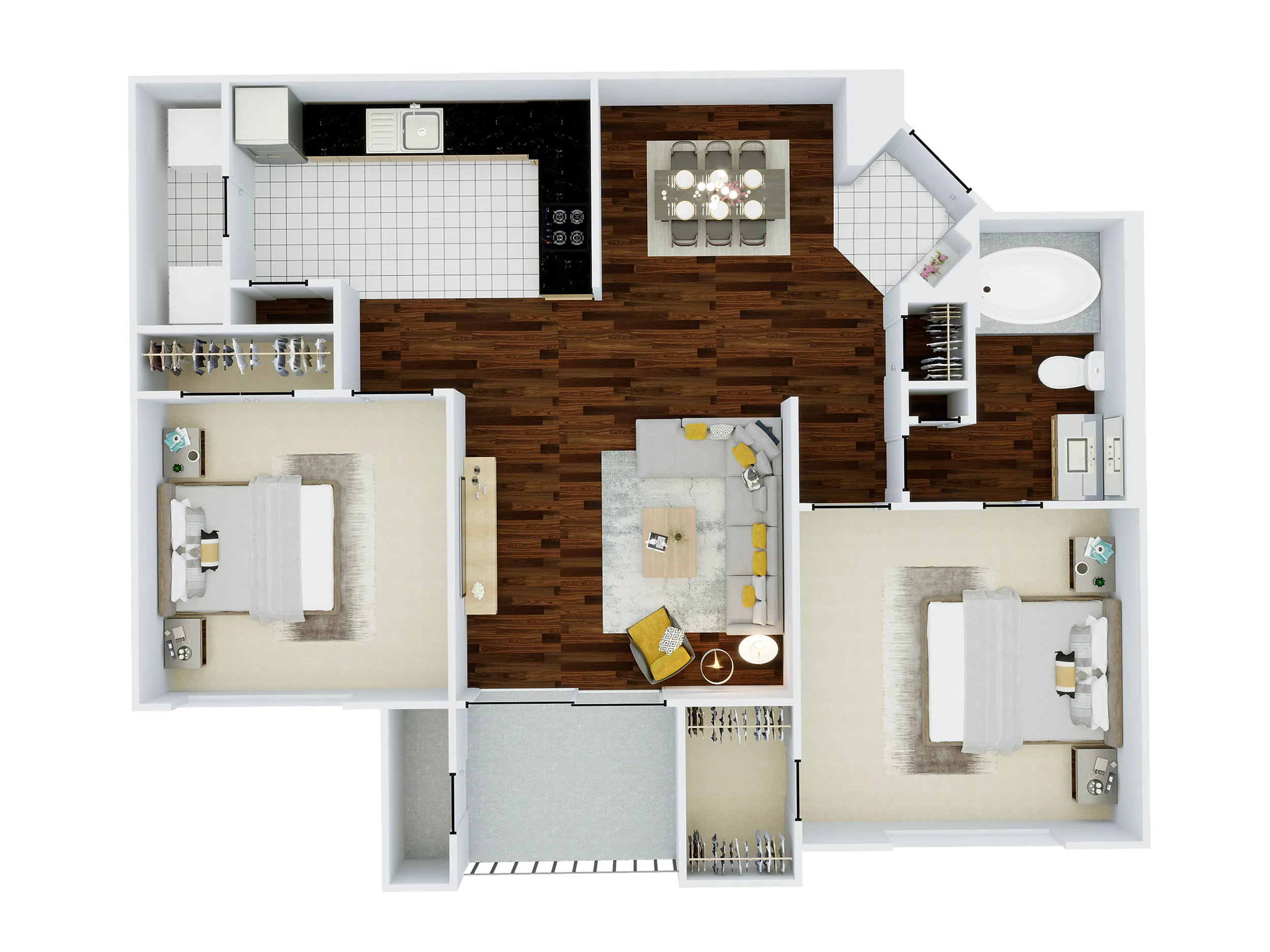 Modern 2D floor plan showcasing a spacious apartment with two cozy bedrooms, a sleek kitchen, open-concept living and dining area, and a stylish bathroom.