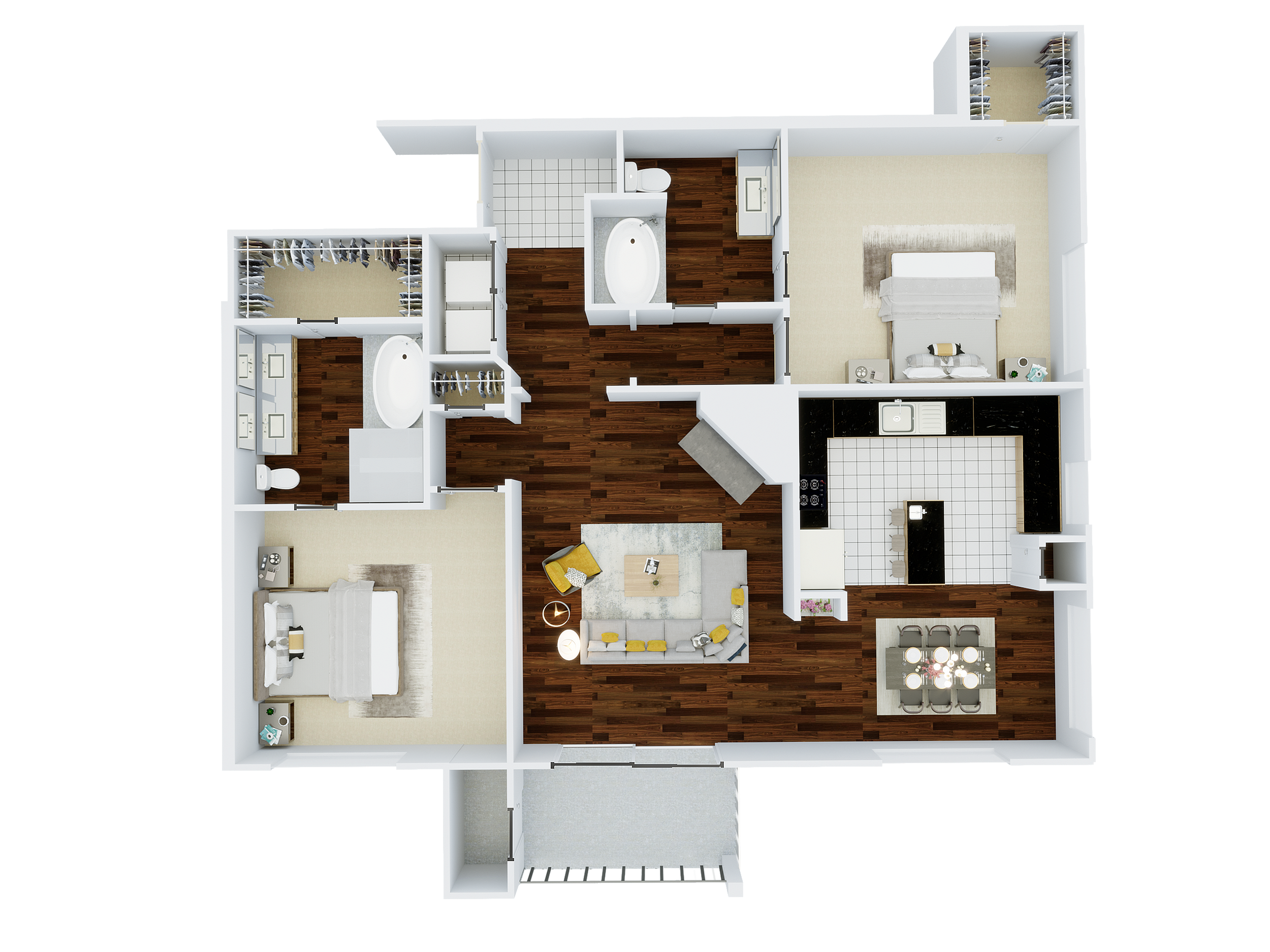 Modern floor plan showcasing 2 spacious bedrooms, an elegant open living room, and a contemporary kitchen with bar seating.