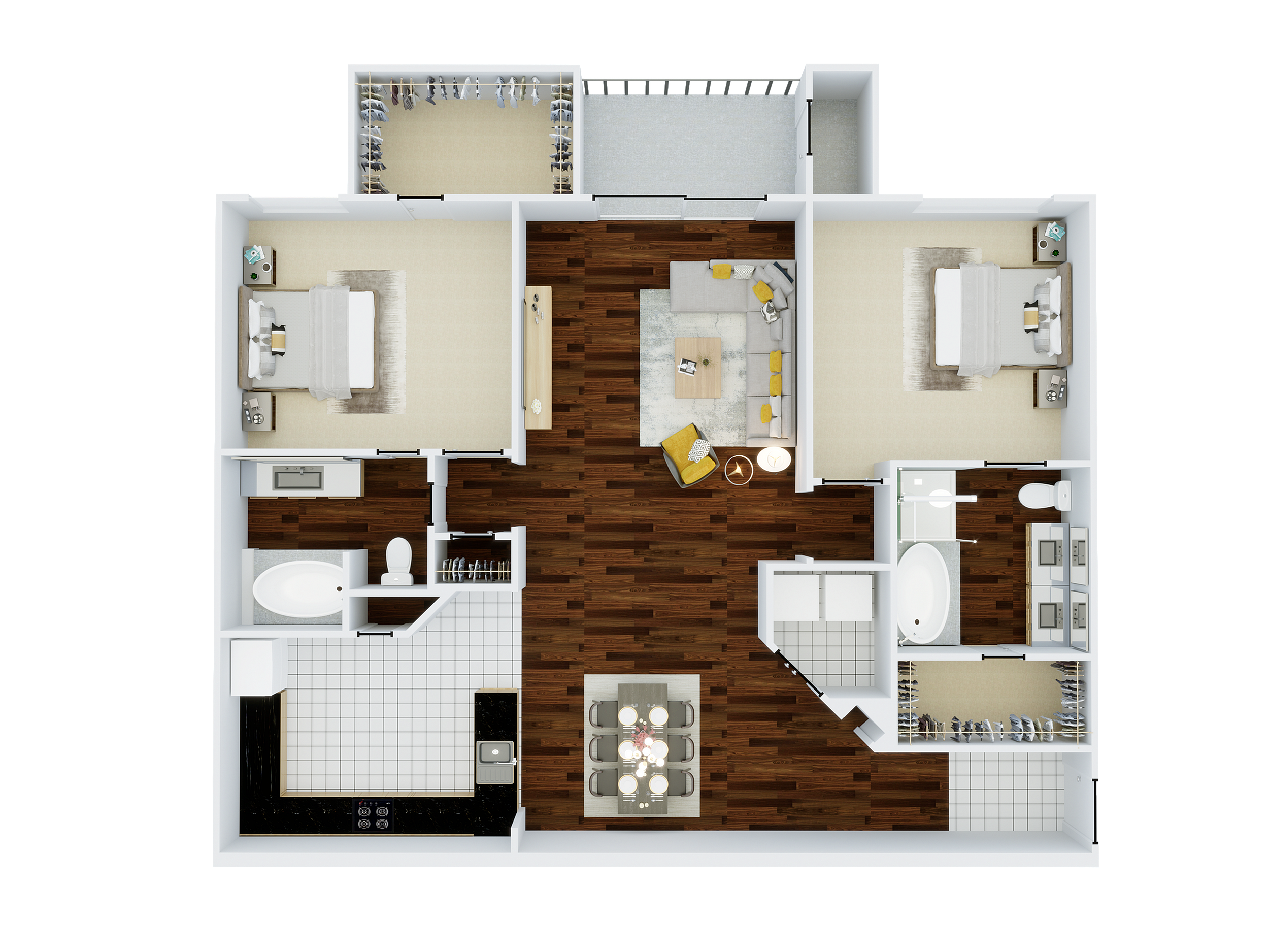 Modern 2D floor plan showcasing two spacious bedrooms, an open living area with stylish furnishings, a sleek kitchen, and elegant bathrooms, designed for comfort and style.
