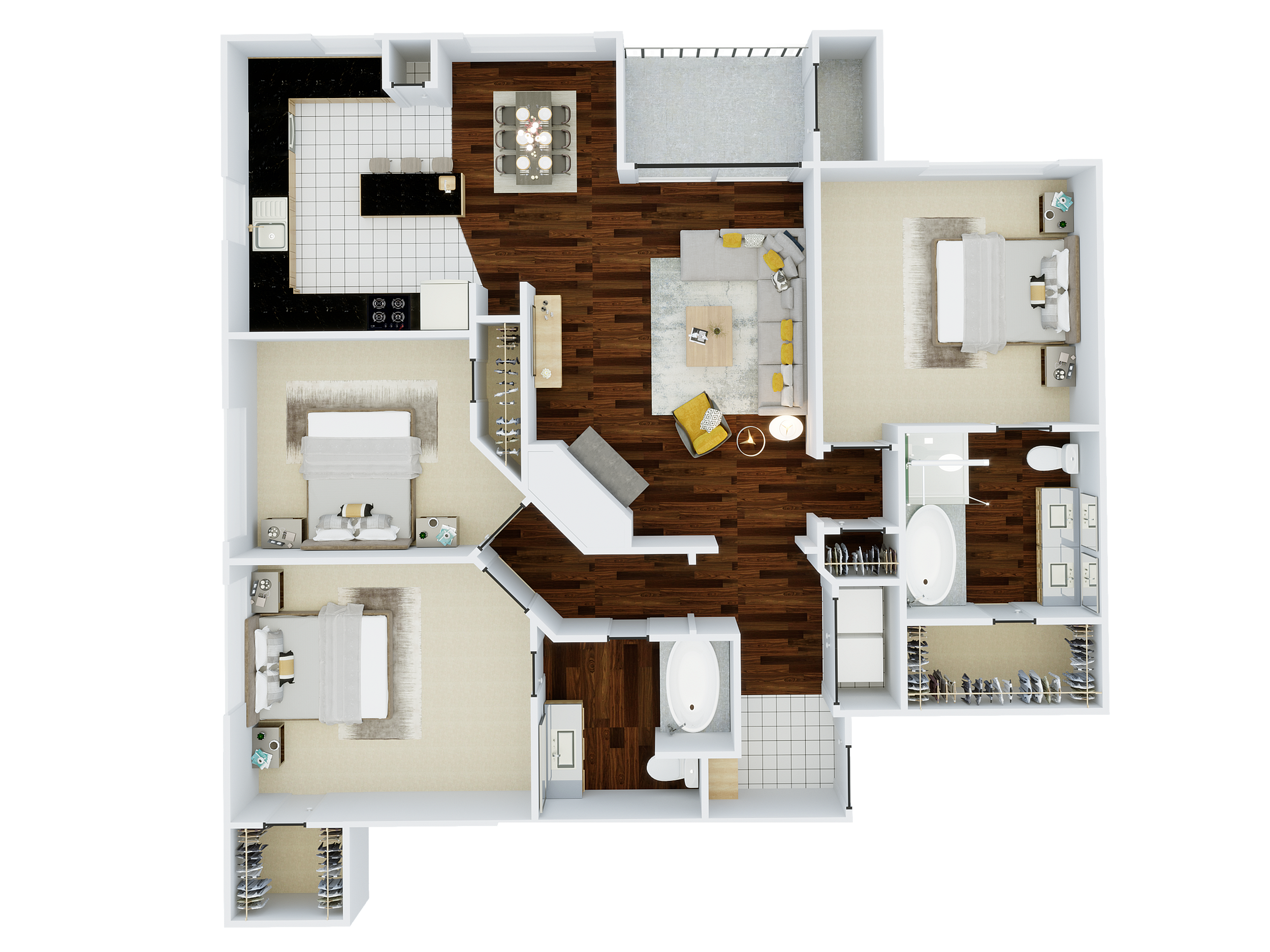 Elegant 3D apartment floor plan featuring 3 spacious bedrooms, an open-concept living and dining area, modern kitchen, and luxurious bathrooms with ample storage.