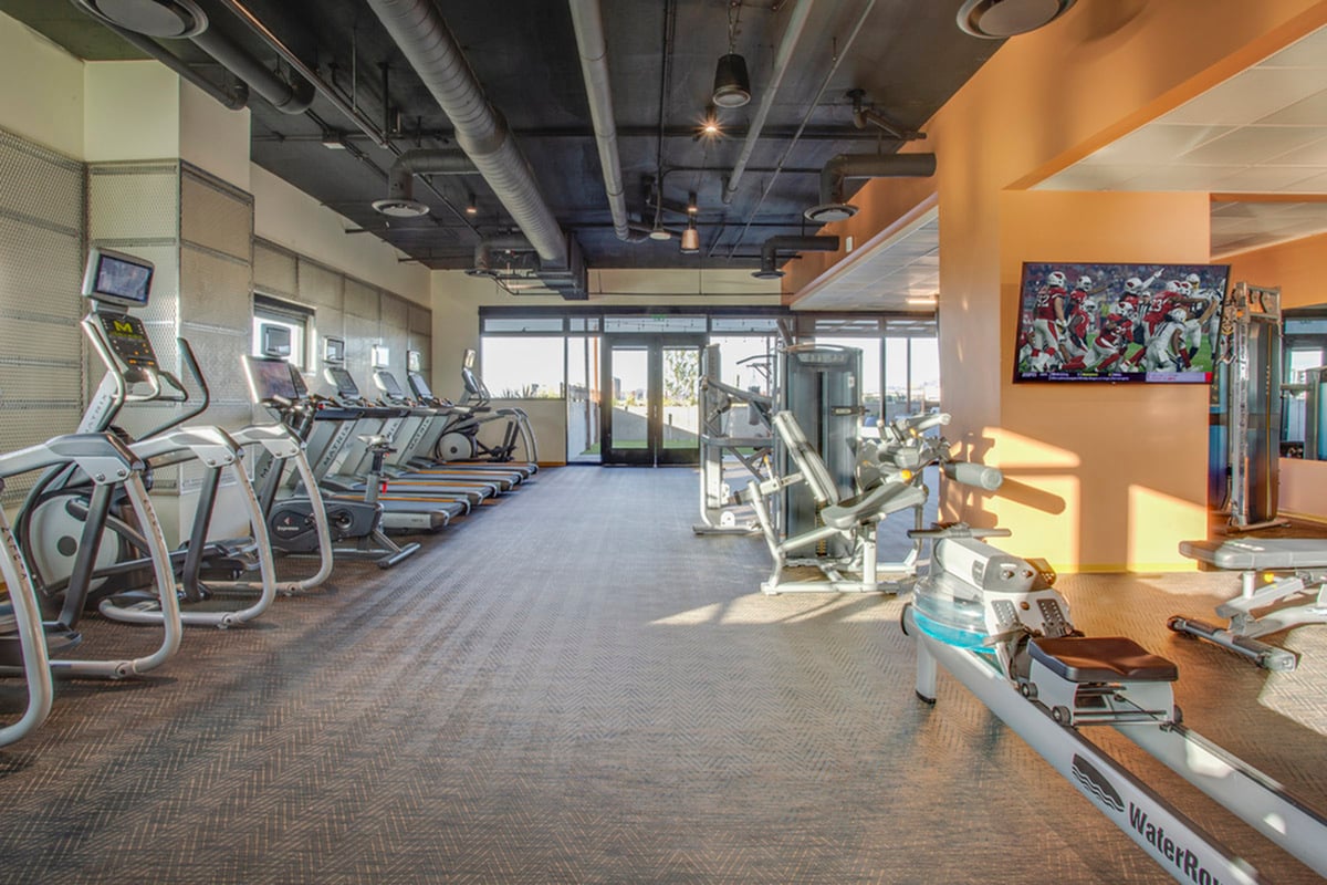 Modern fitness center with state-of-the-art treadmills and exercise equipment, highlighted by natural light and sleek design.