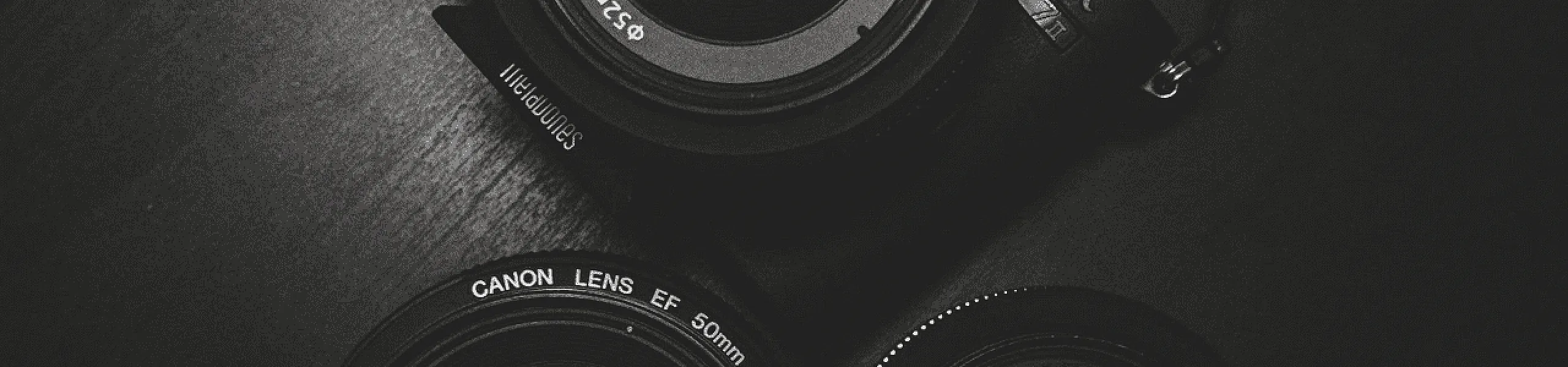 Sleek monochrome photo of Canon camera equipment featuring lenses and a DSLR in a stylish arrangement.