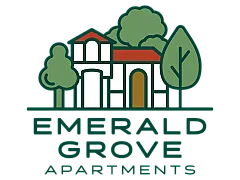 Elegant logo of Emerald Grove Apartments featuring a stylized building surrounded by trees, representing serene living.