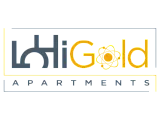 Modern LoHi Gold Apartments logo featuring sleek design with a gold atomic symbol.