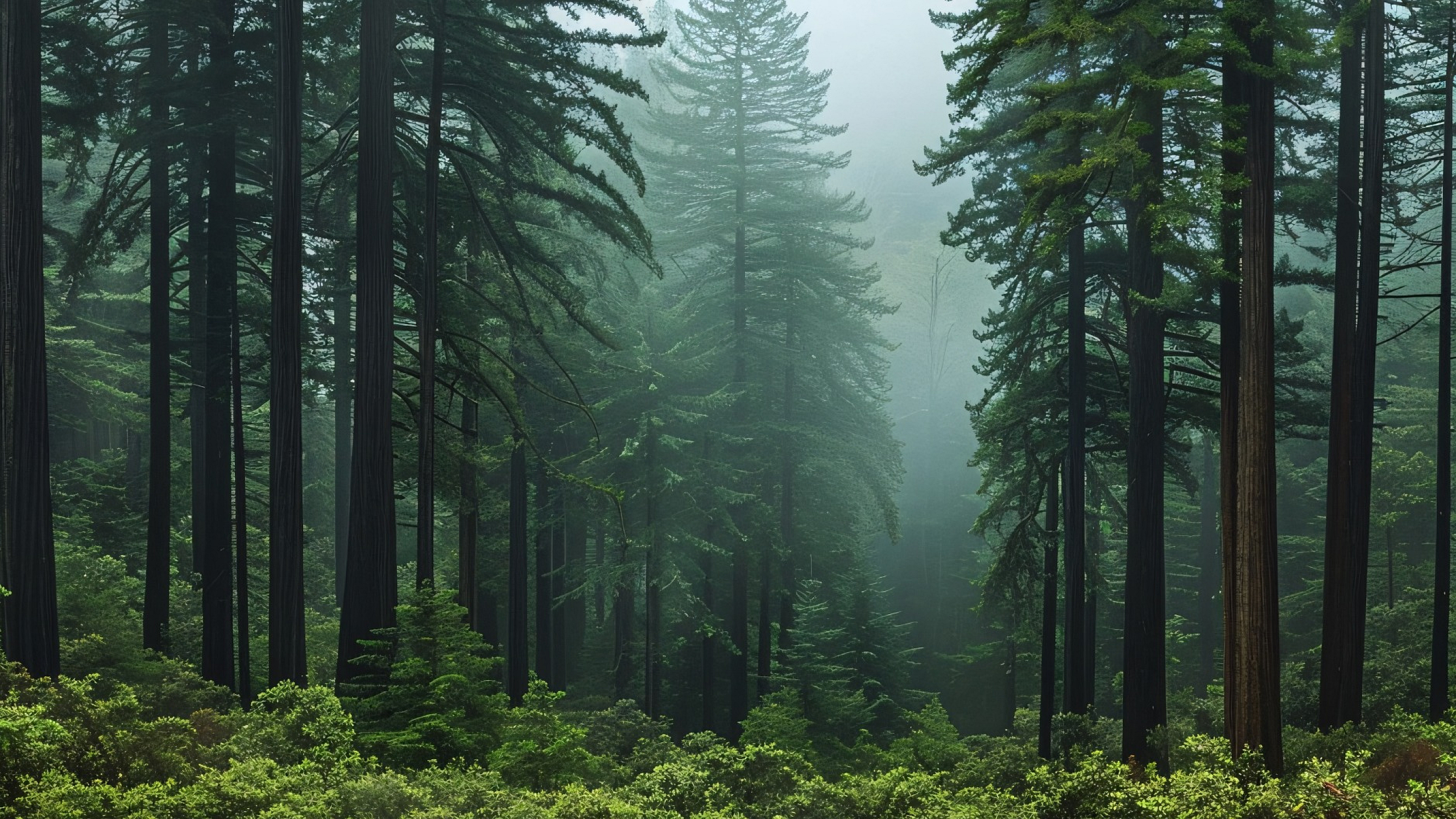 Serene forest landscape with towering trees and lush greenery, creating a tranquil and enchanting natural scenery.