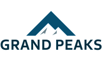 Modern Grand Peaks logo with a stylized mountain design in bold blue tones.