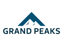 Grand Peaks logo featuring a stylized mountain design in bold blue, symbolizing strength and elegance.
