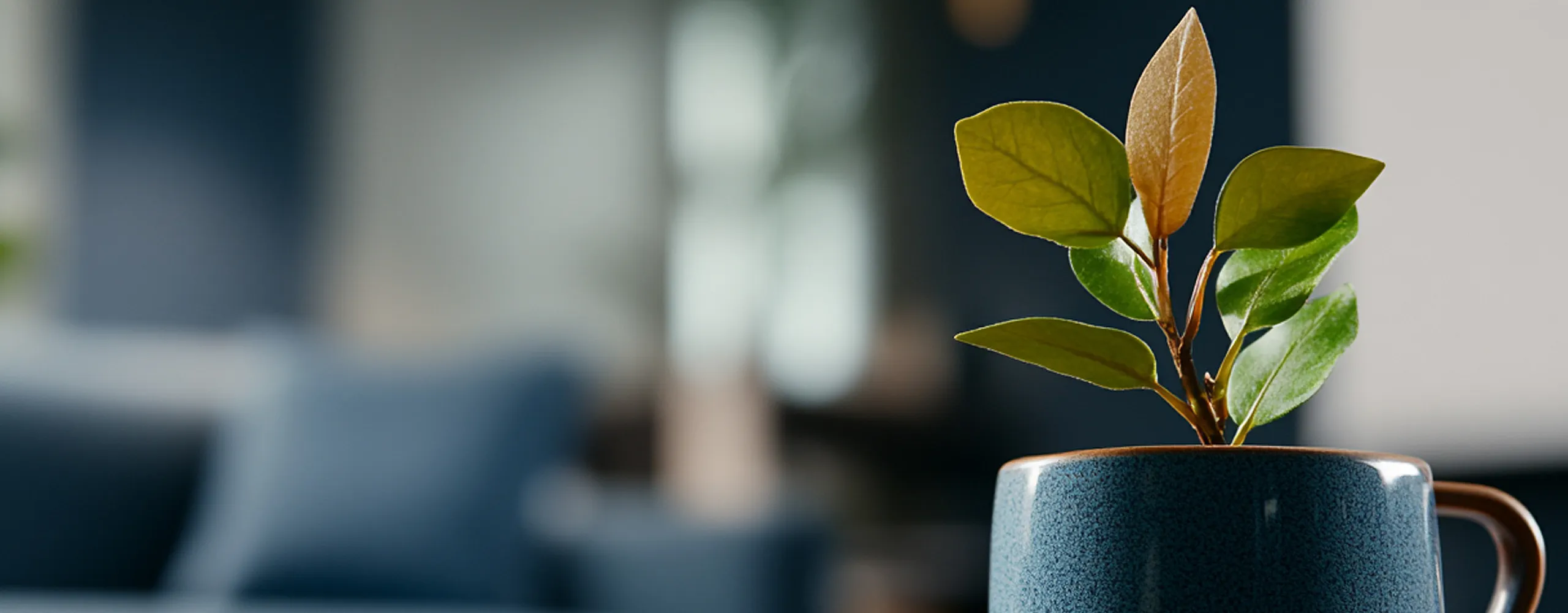 Cozy modern living room with a stylish blue mug holding a small plant, enhancing the tranquil ambiance.