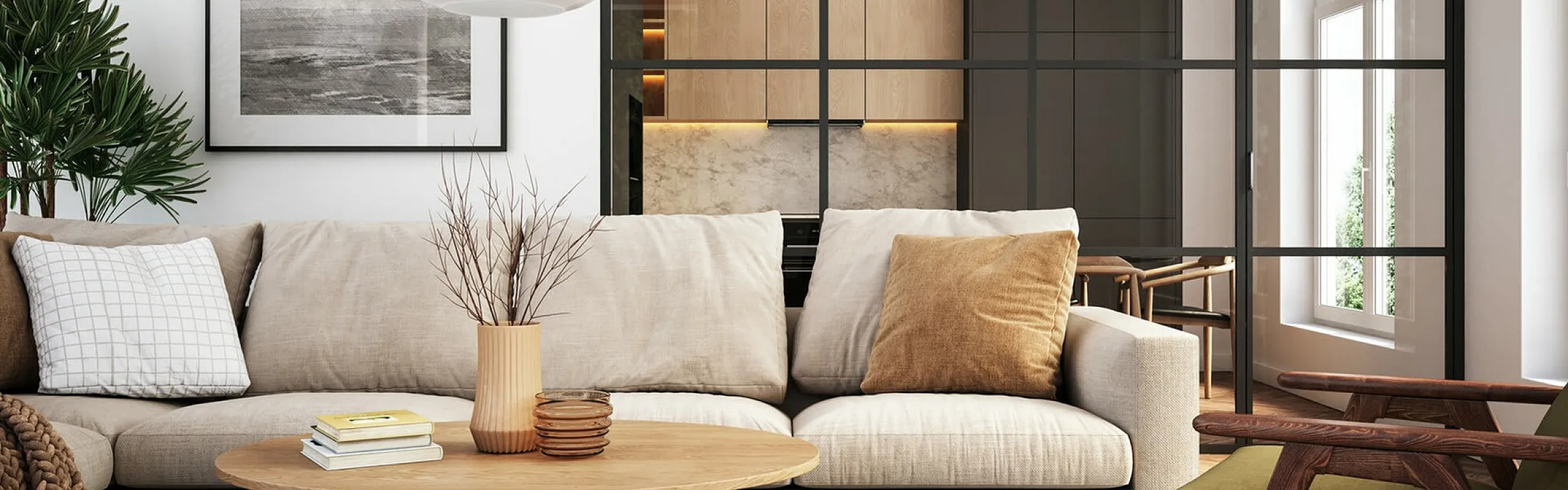 Modern living room with cozy beige sofa, stylish wood coffee table, and large windows offering natural light.