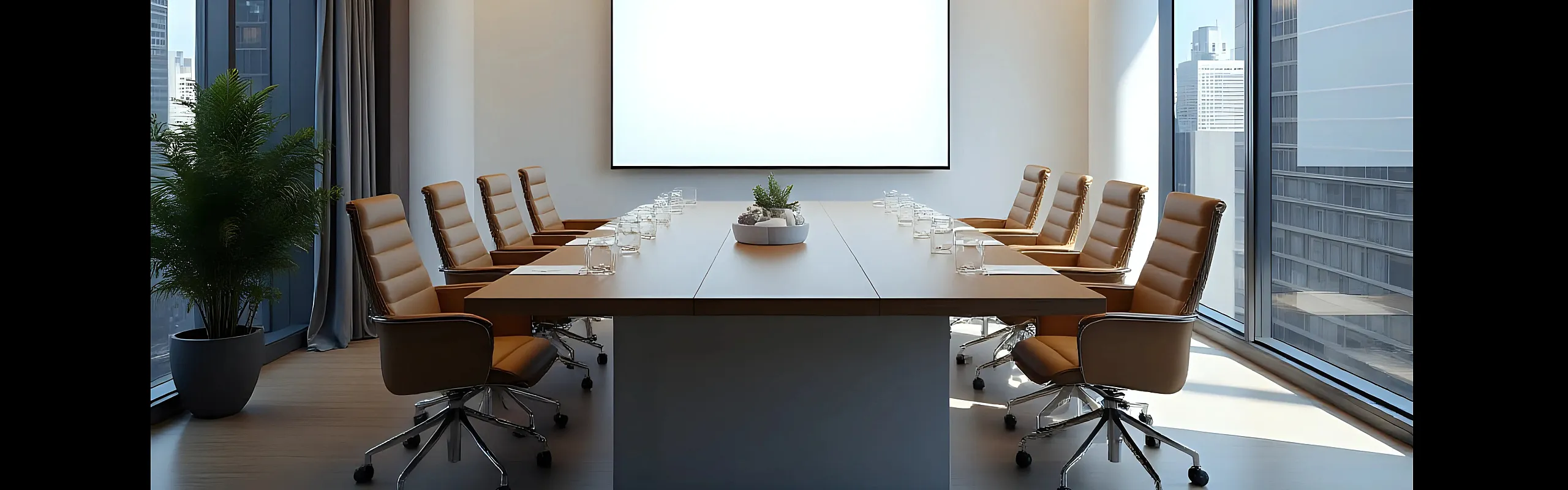 Sleek and modern conference room with leather chairs, large windows offering city views, and a prominent projector screen.